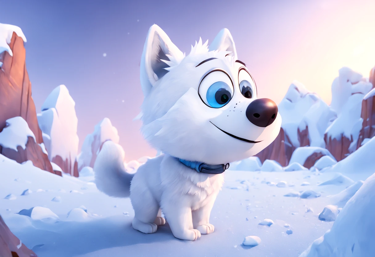 best quality, high resolution, (ultra detailed: 1.2), (realistic: 1.37), (Disney Pixar style: 1.32), arctic fox beautiful detailed eyes, white fur, fast movement, ice breath, [snowy landscape], vivid colors , sharp focus, winter landscape, crystal clear ice, cold atmosphere, resplendent aurora, arctic nature, hunting instinct, elegant movement, playful behavior, intelligent predator, snowy footprints, pristine environment, sub-zero temperatures, fierce and agile hunter, icy wind, arctic survival, loneliness, isolated habitat, quick reflexes, stealth action, arctic moonlight, bright snowflakes, wild beauty, life in the wild, tranquil scene, harsh conditions, picture taken from a cartoon scene