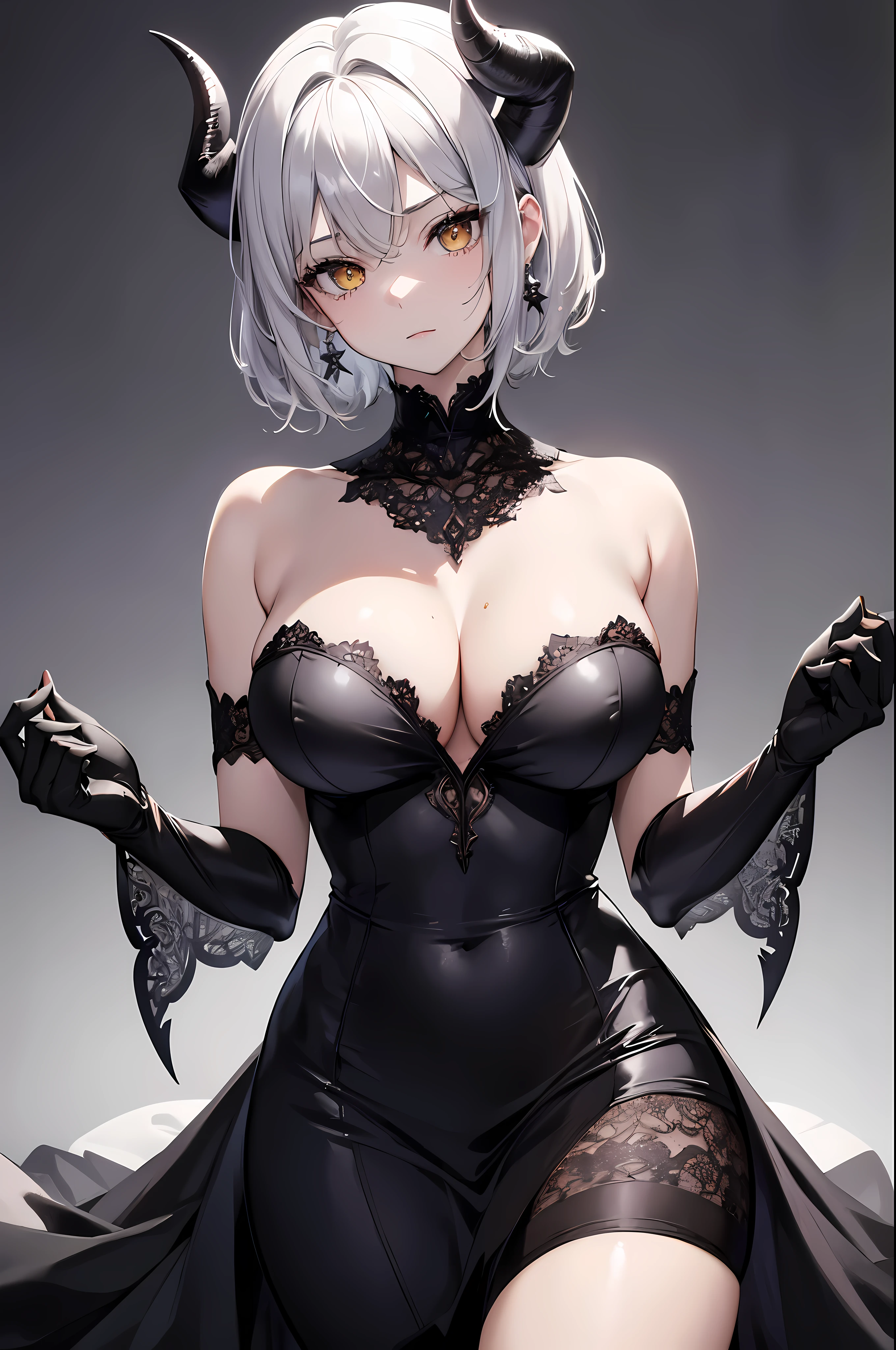 (top quality, 8 thousand, masterpiece, Best image quality, high resolution, super detailing, Ultra HD, (delicate smooth skin, Looks like real skin, perfect and beautiful face ,Perfect and cute face, high detail skin, perfect limbs)), alone , bare shoulders , black gloves , split , closed mouth , demon either , Devil's Tail , inexpressive , either , big bust , looking at viewer , pale skin , short gray hair , alone , black strapless dress , yellow eyes, milf , wide hips