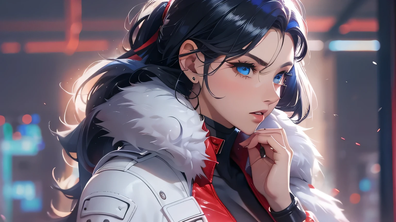 4K, A high resolution, Best quality at best, masterpiece, perfect colors, perfect shadow, perfect litthing, ((sportrait)), 1woman, fit body, heterochromia eyes,dark blue hair , blue eyes, With round lenses, The audience watched carefully, (s face: 1.2), Perfect female figure, ((dynamic pose)), ((read and whitek Tight crop top red and white leather suit)), ((shy and looking at viewert)), (Perfect thick white eyebrows) Delicate fur, 详细s face, s the perfect face, , (dynamic pose), big breast, open half breast, abstract cyberpunk background