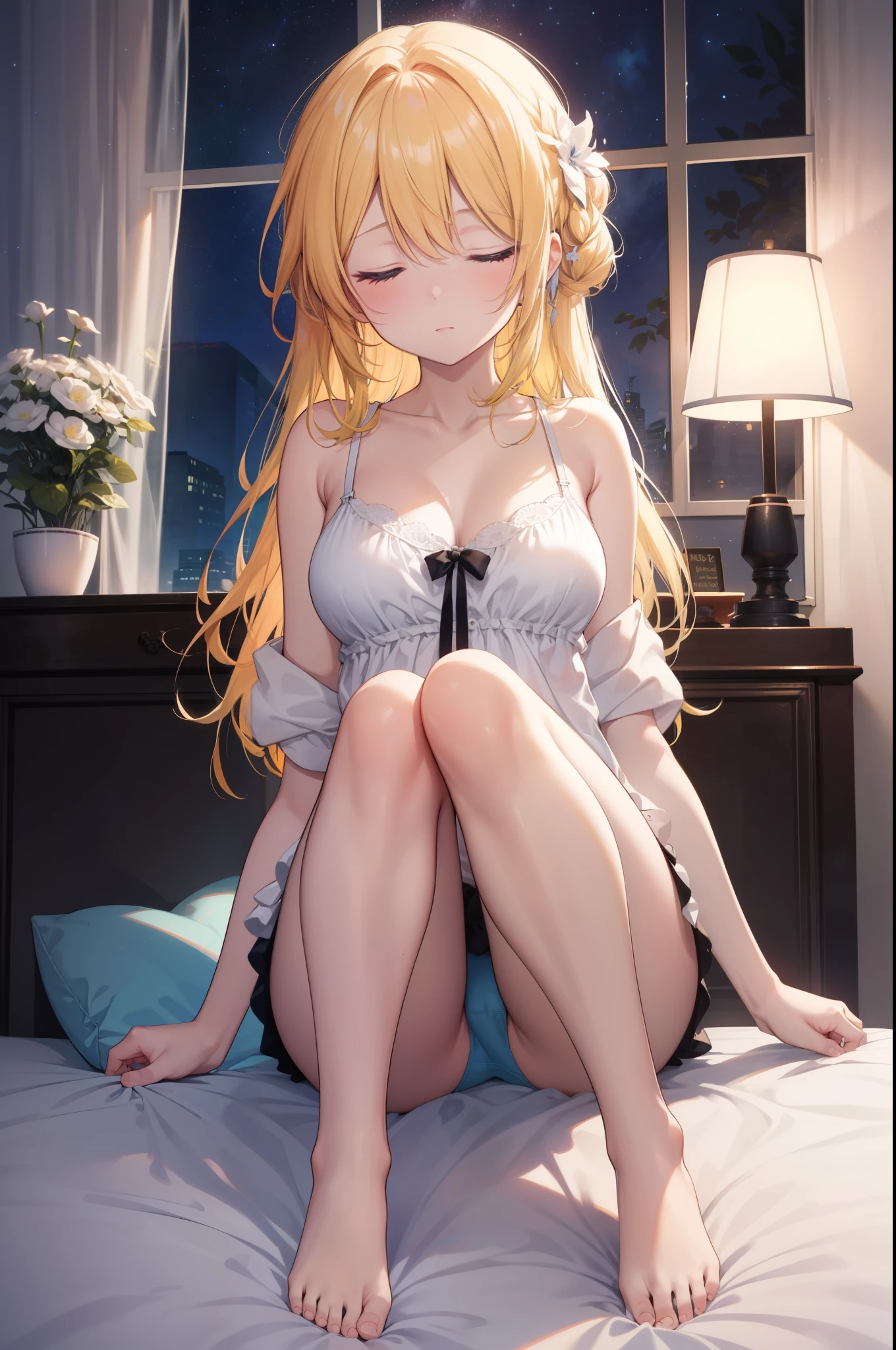 Area Yase, catalyst, yellow hair,  long hair,windows，big breasts,Sleeping with your eyes closed,romantic starry sky，A meteor crosses,barefoot,Light blue camisole,light blue underwear,sleeping in bed,night,Head,dark room,night, 
break indoors, Bedroom, 
break (masterpiece:1.2), highest quality, High resolution, unity 8k wallpaper, (figure:0.8), highly detailed face, perfect lighting, Very detailed CG, (perfect hands, perfect anatomy),