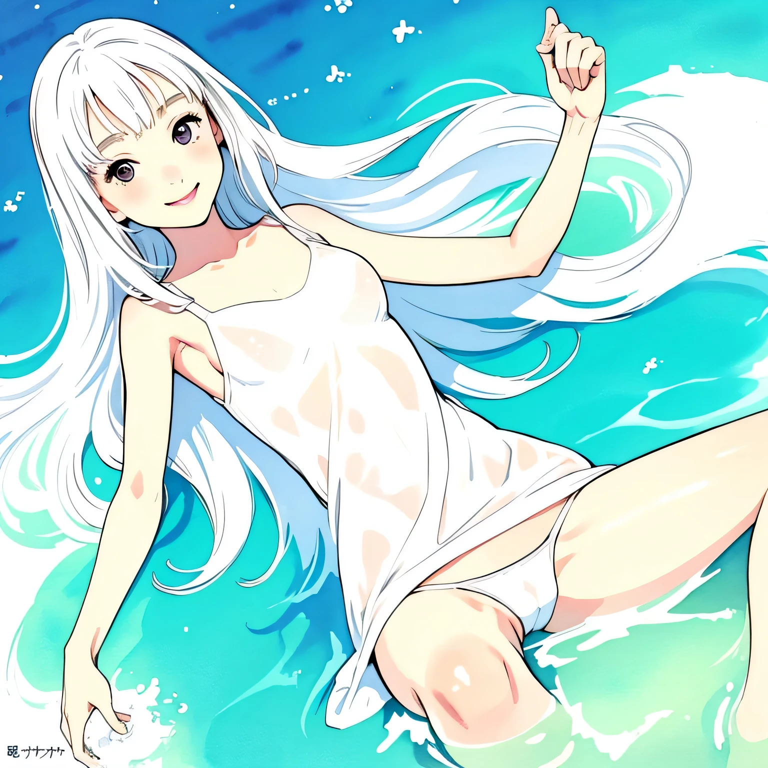 まんこget wet、white dress、get wet、Pee、Pee、 flat color star piece, highest quality),  ,  , big breasts , panty shot,  long hair, smile, fun, smile, play, (spread your legs),  summer, bright色, bright, watercolor,Pee、Pee、Peeing