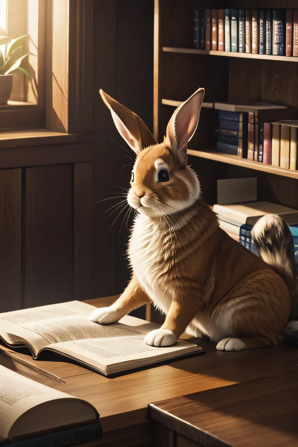 best quality, realistic, vivid colors, ultra-detailed, highres, (rabbit:1.1), (library room:1.1), (holding a book:1.1), joyful expression, (half view:1.1), (happy emotion:1.1), furry ears, (bookshelf:1.1), warm lighting, cozy atmosphere, vintage interior, wooden furnishings, shelves filled with books, sunbeam streaming through the window, dust particles dancing in the light, quiet ambiance.