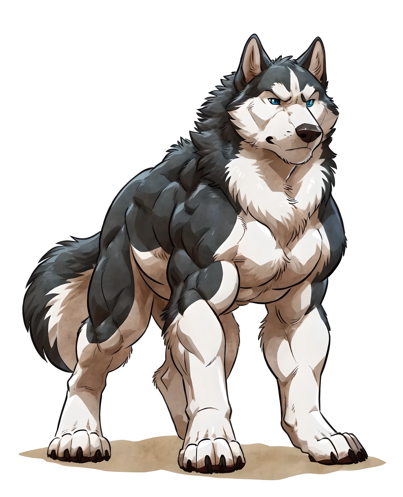 feral husky, masculine, male, quadruped, feral, very muscular:1.5, well defined muscles:1.2, pectorals:1.2, abs, muscular shoulders, muscular neck, muscular forelegs, wide chest, muscular chest, by wfa, by negger, white background, stern face, cel shading, blue eyes, looking at camera, stern face, full body