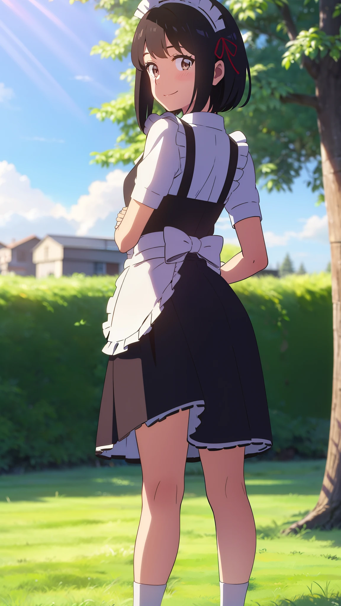 shinkai makoto, kimi no na wa., 1girl, bangs, black hair, short hair, blush, brown eyes, looking at the viewer, ((girl wear maid dress, short sleeves, short dress, short skirt, maid headdress)), school uniform, red bow, red ribbon, smile, cute, school backpack, happy, fun, joyful, school, outdoors, sky, cloud, sunlight