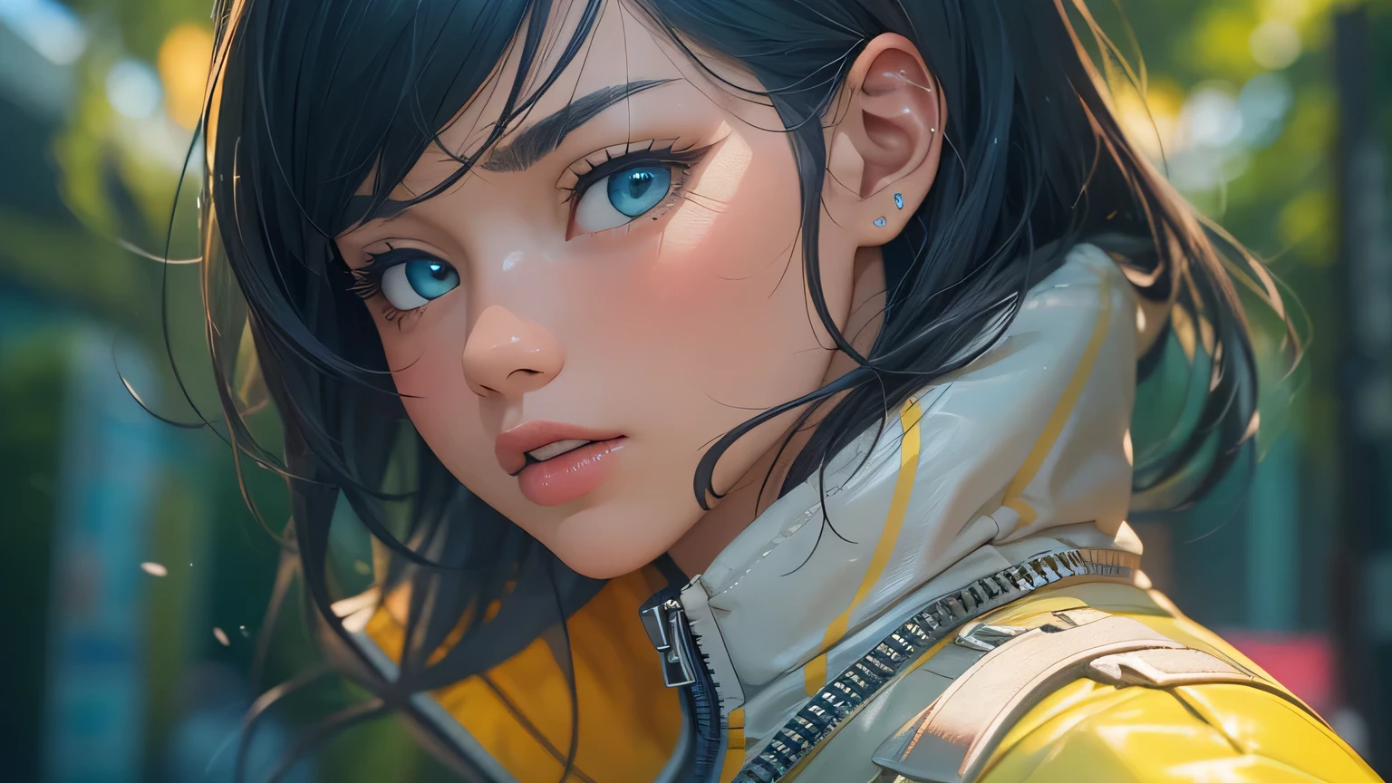 4K, A high resolution, Best quality at best, masterpiece, perfect colors, perfect shadow, perfect litthing, ((sportrait)), 1woman, fit body, heterochromia eyes,dark blue hair , blue eyes, With round lenses, The audience watched carefully, (s face: 1.2), Perfect female figure, ((dynamic pose)), ((blue and yellow Tight crop top blue and yellow leather suit)), ((shy and looking at viewert)), (Perfect thick white eyebrows) Delicate fur, 详细s face, s the perfect face, , (dynamic pose), big breast, open half breast, abstract cyberpunk background