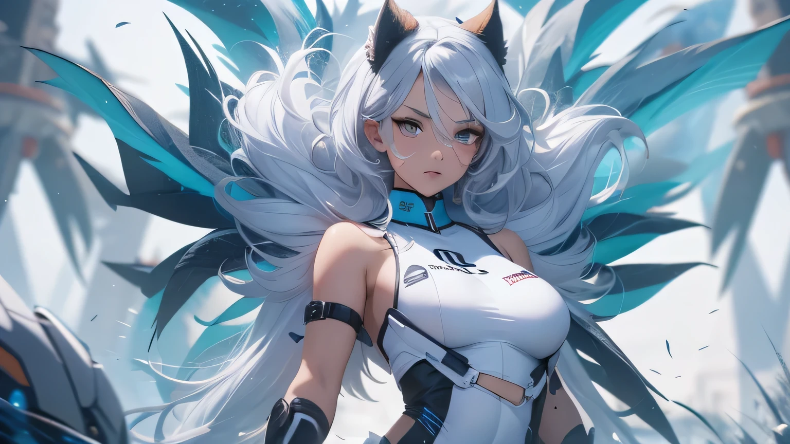 (White Hair Girl), (Thick, dark blue eyebrows:1.4), (Dark blue eyebrows:1.7), (Thick eyebrows:1.3), (Huge black fluffy animal ears:1.1), (Black animal ears:1.1), BREAK, (((Mesh Stitching Crop T-Shirt, Cutout Long Sleeve Top))),BREAK, (Big Breasts:1.2, Thick legs, Adult female body, Sturdy body:1.2), ((full body:1.7, Contrapposto:1.5)), (sharp eyes, Ultra-high definition CG, Precisely designed costumes, 4K, 8K, Ultra-high definition CG, Precisely designed costumes, Clear lines, Expressive and Captivating Eyes, Fine Details and Realistic Textures, cinematic lighting), ((white background)), BREAK, (Wearing black leggings with holes), Skinny sleeves, (Torn and holey leggings:1.2)(Black leggings:1.4), (過剰なRuggedThick soleブーツを履いています:1.2), (Thick sole:1.5), (Big shoes:1.3), ((Star Wars Weapons, embarrassed))