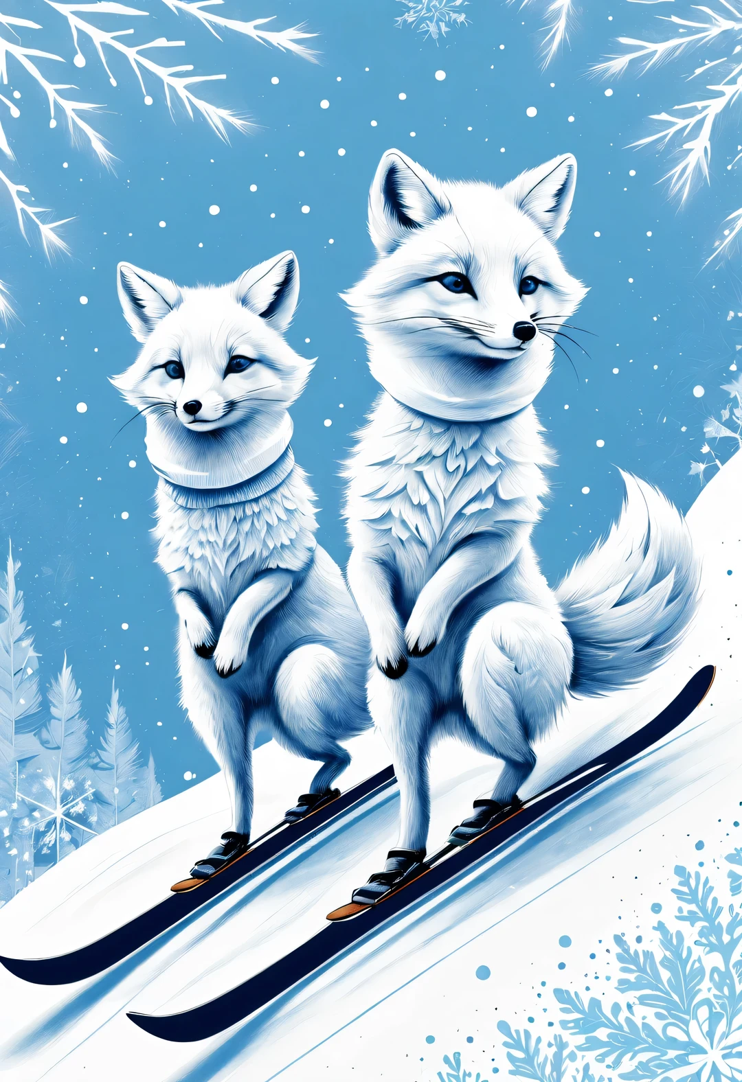 Light blue and white arctic fox couple ski jumping, comics, snowflake, Reproduced in the style of Jörn Klassen and Sam Toft, Modern sketches and dynamic line drawings, Has a brown texture, Modern sketches and dynamic line drawings, with blue texture