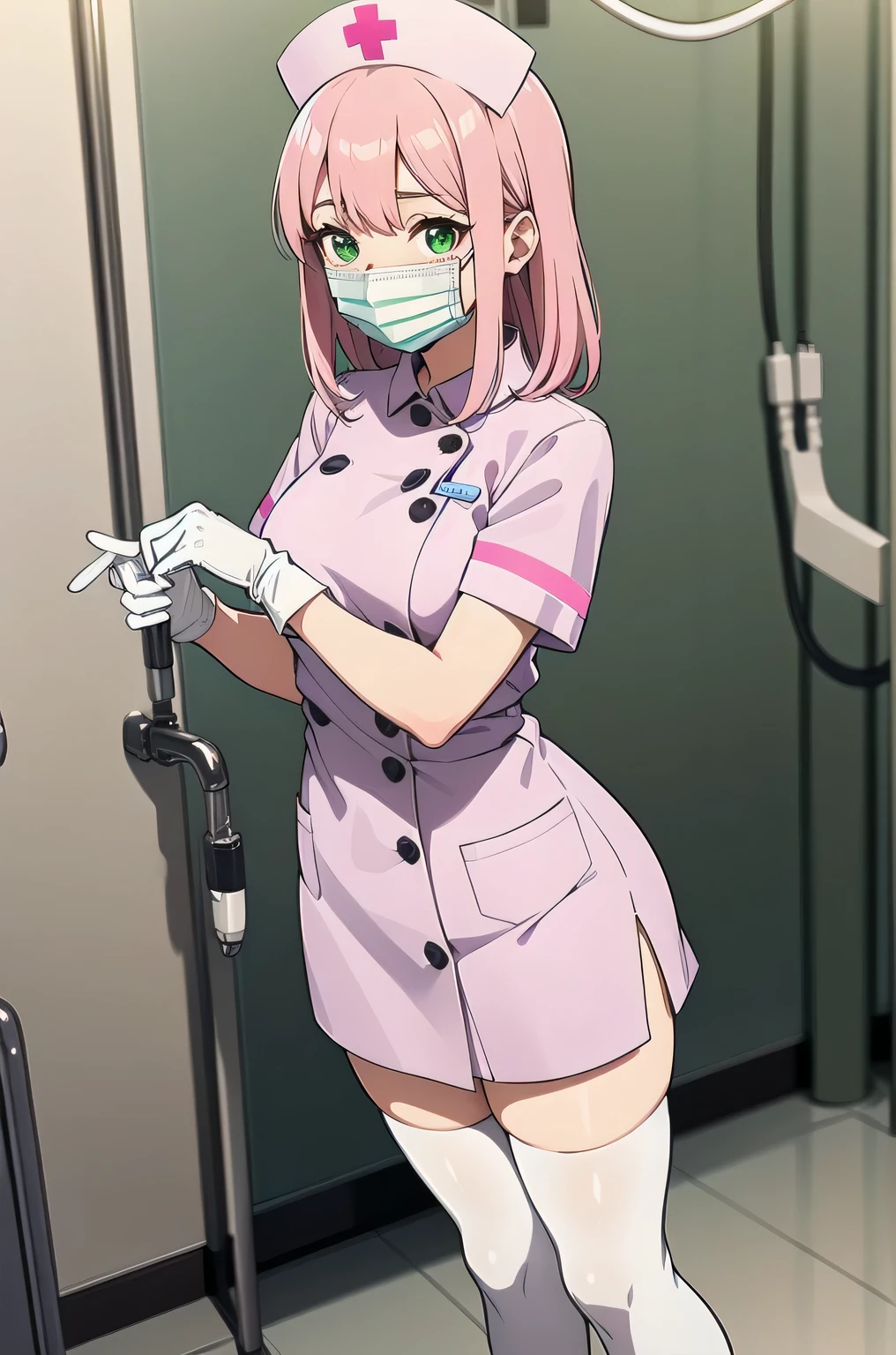 1 girl, alone, nurse, nurse cap, white clothes, ((white legwear, zettai ryouiki)), white gloves, pink hair, green eyes, droopy eyes, ((white surgical mask, covered nose)), Are standing, ((hospital room)), sharp outline, short sleeve, highest quality, masterpiece