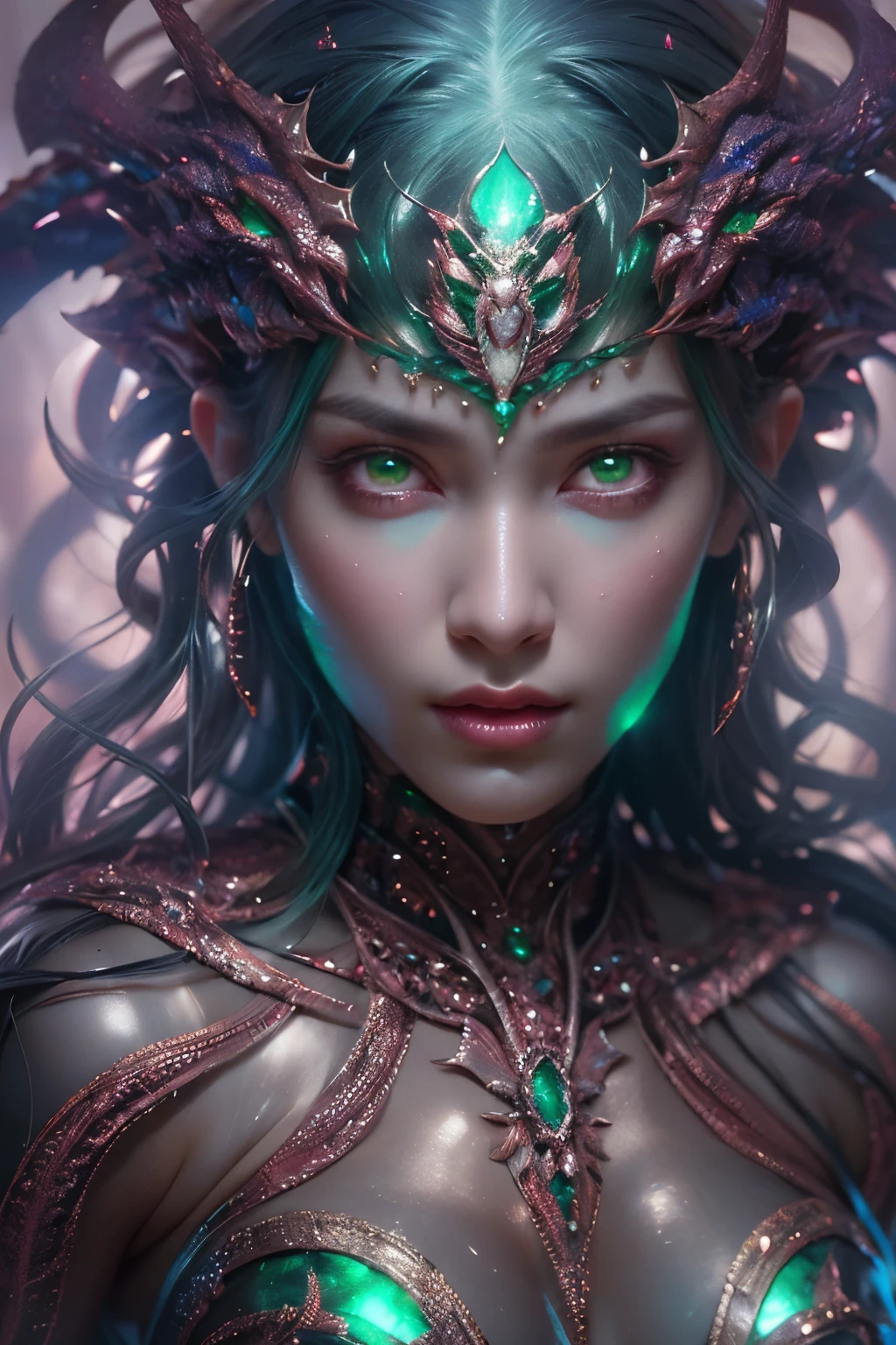 (1 female medusa-like mutant: 1.2), With a beautiful, enchanting face, this alien seduces us with her allure. Her captivating red eyes gleam brightly, reminiscent of burning embers. Her full body is unlike any human's, boasting a sexy, otherworldly form. No humans are present in this scene as she stands alone, her cells fused in a unique and intriguing extraterrestrial way.
(extraordinary beautiful nude photo:1.4), (glowing emerald eyes:1.5), (sexy and glamorous:1.1), (coquettish expression:1.2), toned lean body, (muscular:1.2), (beautiful abs:1.5), beautiful nipples, She has lots of iridescent translucent tentacles instead of her hair, pale skin, (white skin with prominent veins:1.3),
Lots of iridescent translucent tentacles adorn her body, shimmering under the dramatic lighting. Her pale skin, with a hint of translucency, adds to her ethereal allure. This masterpiece, rendered in, (There is a female genital-like organ in the middle of the forehead:1.6),