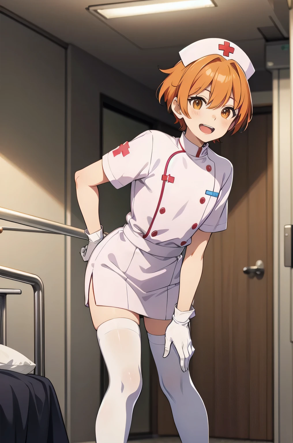 1 boy, alone, male focus, nurse, nurse cap, white clothes, ((white legwear, zettai ryouiki)), white gloves, short hair, orange hair, smile, open your mouth, Are standing, ((hospital room)), sharp outline, short sleeve, Shota, ************, highest quality, masterpiece