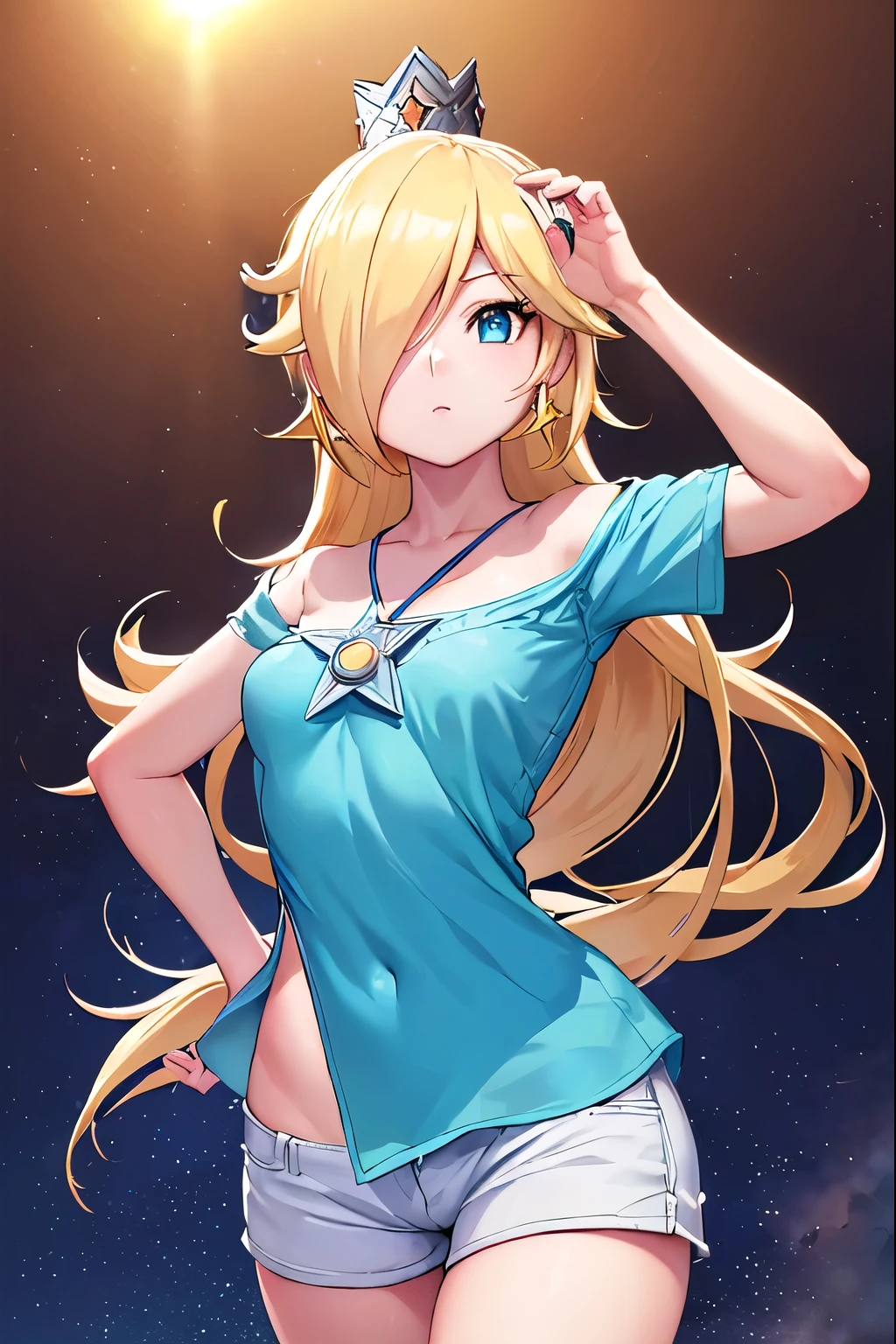 Rosalina, Rosalina, Blonde hair, blue eyes, hair over one eye, long hair,small breasts, micro shorts, white shorts, lower part of the breasts showing, blouse lifted showing part of the breasts, belly showing, crown, earrings, jewelry, princess , star earrings, BREAK night, night sky, sky, star\ (sky\), star \(symbol\), space, sun, BREAK looking at the viewer, (cowboy photo: 1.5), BREAK (art: 1.2 ), best quality, high resolution, 8k unity wallpaper, (artwork: 0.8), (beautiful detailed eyes: 1.6), extremely detailed face, perfect lighting, extremely detailed CG, (perfect hands, anatomy perfect),