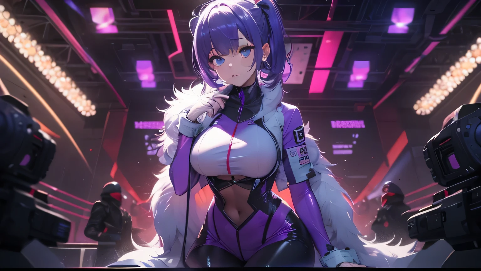 4K, A high resolution, Best quality at best, masterpiece, perfect colors, perfect shadow, perfect litthing, ((sportrait)), 1woman, fit body, heterochromia eyes,dark blue hair , blue eyes, With round lenses, The audience watched carefully, (s face: 1.2), Perfect female figure, ((dynamic pose)), ((purple Tight crop top purple leather suit)), ((shy and looking at viewert)), (Perfect thick white eyebrows) Delicate fur, 详细s face, s the perfect face, , (dynamic pose), big breast, open half breast, abstract cyberpunk background