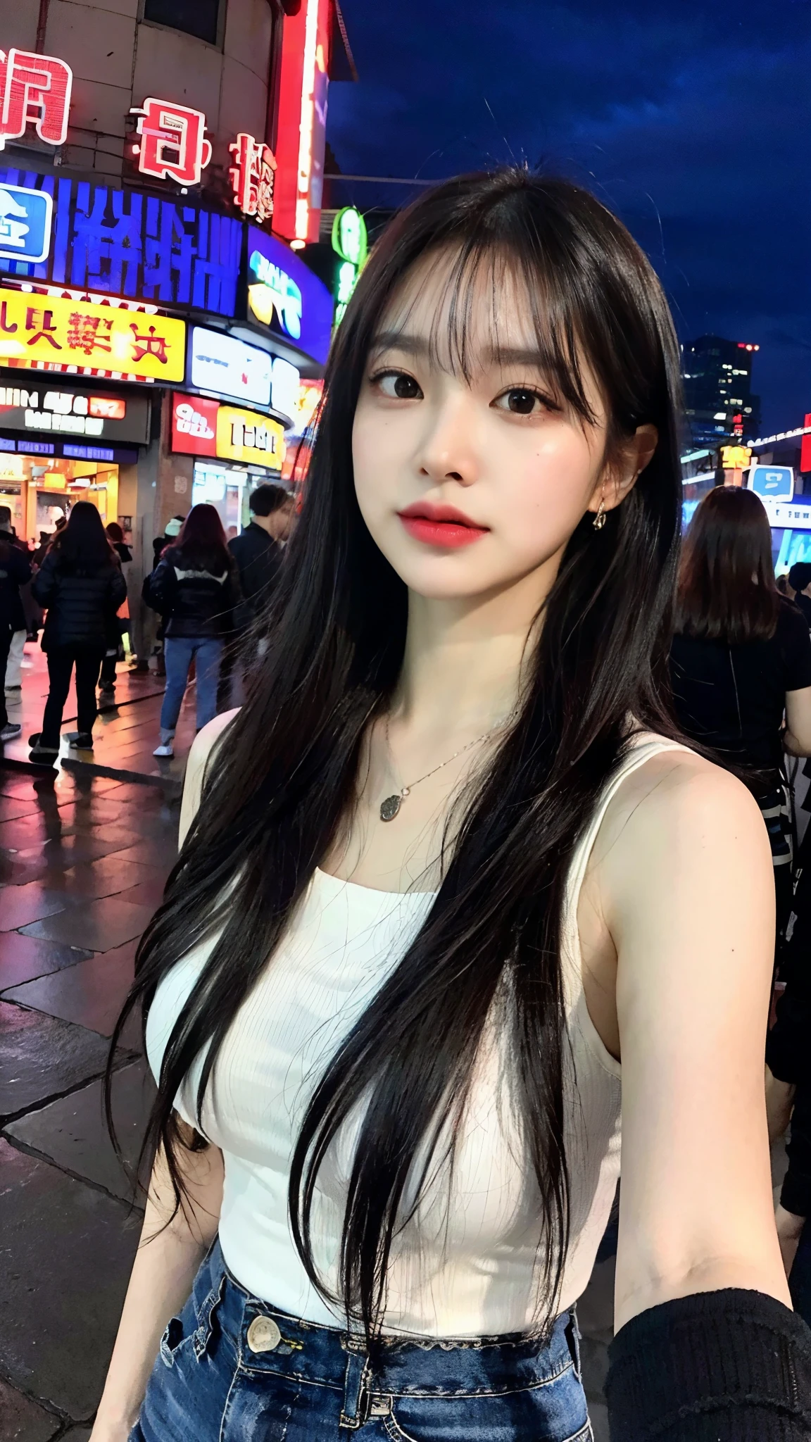 (8 thousand, RAW photos, best quality, masterpiece:1.2), very detailed, ultra high resolution,
(realistic, photo realistic:1.37), RAW color photos with high detail, professional photography,
very delicate and beautiful, very detailed, 8 thousand wallpaper, amazing, in detail, huge file size, official art, very detailed CG unity 8 thousand wallpaper,
very detailed beautiful girl, very detailed face, very detailed eyes, very detailed skin, very detailed fingers, very detailed nose, very detailed mouth, complete anatomy, very detailed 배경, very detailed clothing,
1 woman, (18 years old:1.2), s, cute girl, famous idols in japan, cute,
(:1.2), realistic body, ,
fair skin, glowing skin, slim body, good look,
black hair, long straight hair, (blunt bangs:1.2),
laugh, cute, young, cute face, baby face, realistic face,
beautiful and delicate eyes, droopy eyes, big beautiful eyes, big s, beautiful and clear eyes,
(Crow:1.2), short sleeve, shorts, femur, necklace, earring,
looking at viewer, cowboy shot, front view, standing posture, contrast,
outdoors, (night:1.2), neon city, neon lights, neon sign, public, crowd,
dynamic lighting, front light,