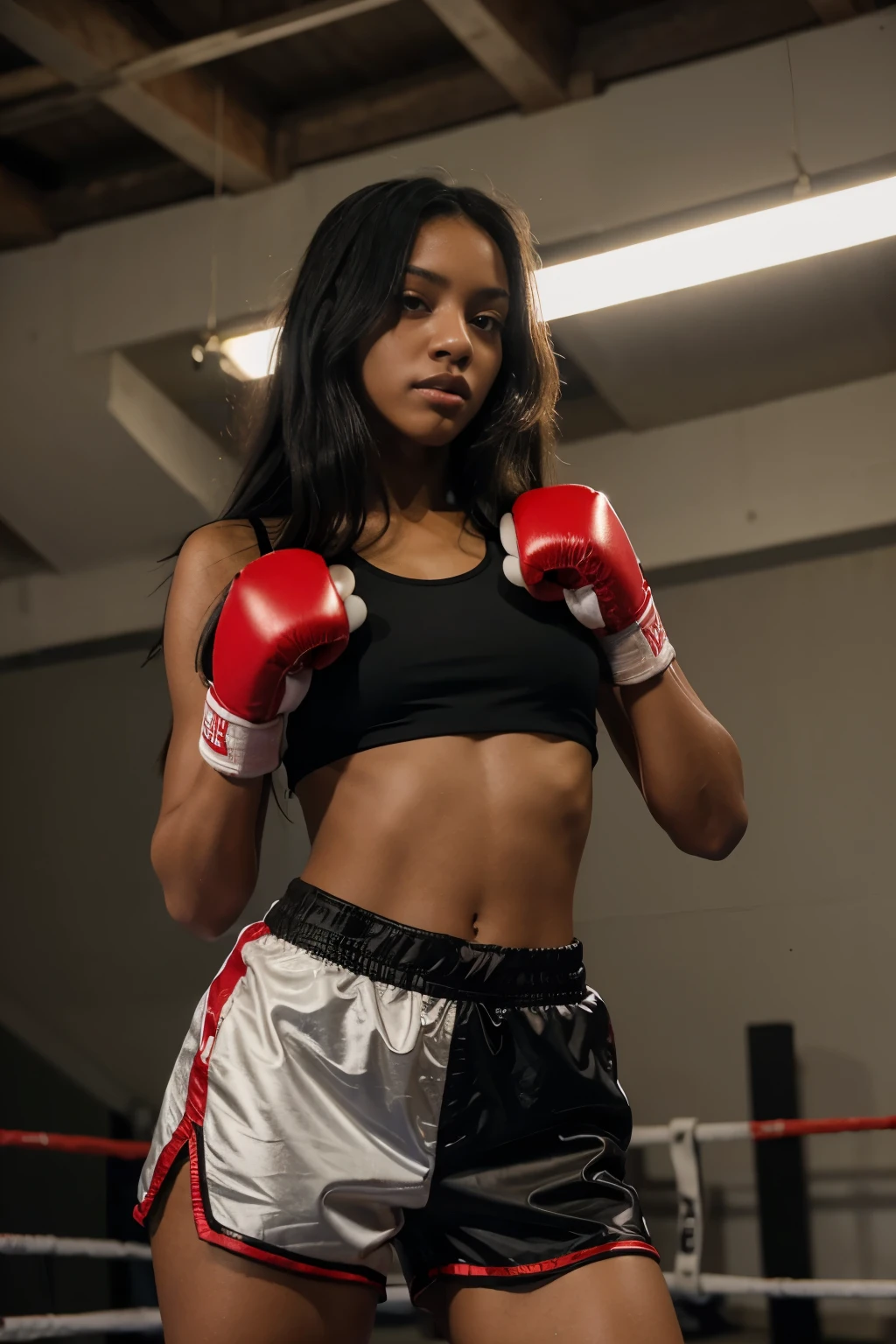 Masterpiece, 18 year old girl, Dark-skinned, long black hair, wearing a red sports bra, short shorts, red boxing gloves, in a boxing ring, fighting a blonde girl