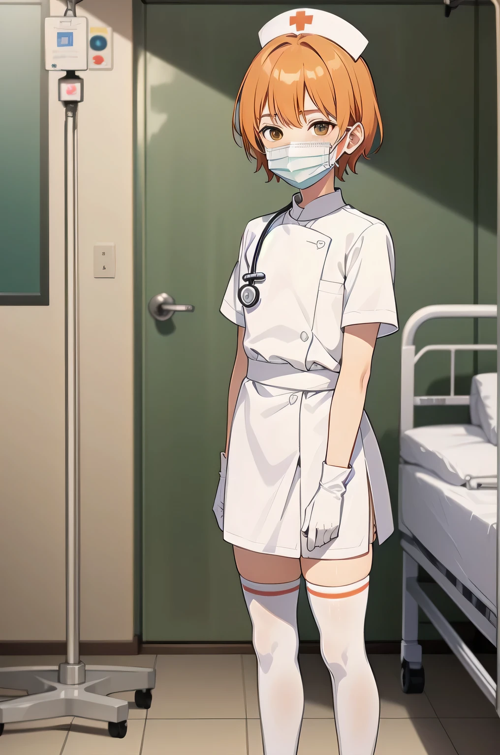 1 boy, alone, male focus, nurse, nurse cap, white clothes, ((white legwear, zettai ryouiki)), white gloves, short hair, orange hair, ((white surgical mask, covered nose)), Are standing, ((hospital room)), sharp outline, short sleeve, Shota, 12 years old, highest quality, masterpiece