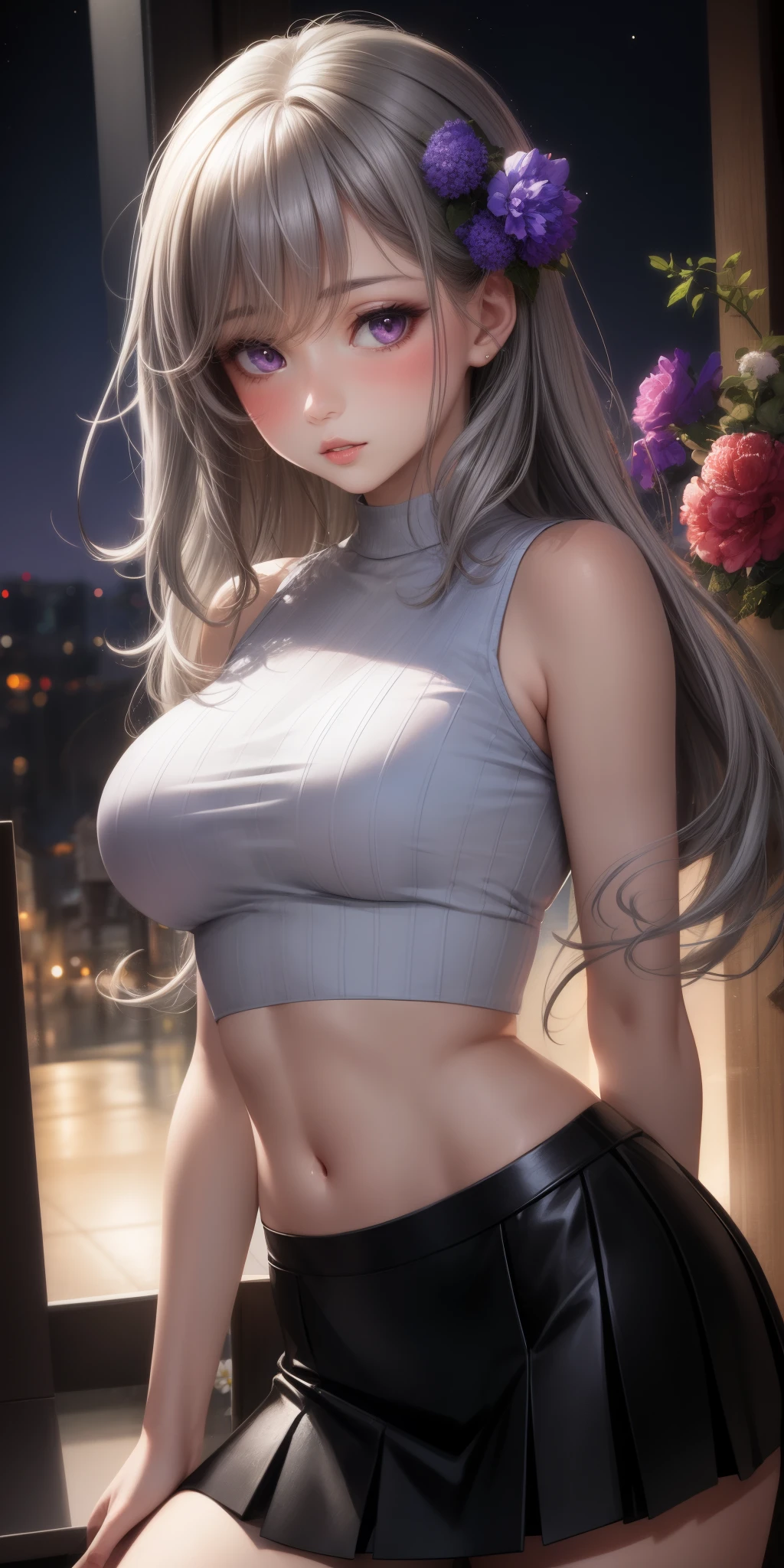 realistic, 1 girl, gray hair, purple eyes, shining eyes, crop top, skirt, parted lips, blush, night, flowers, sun, sunlight,