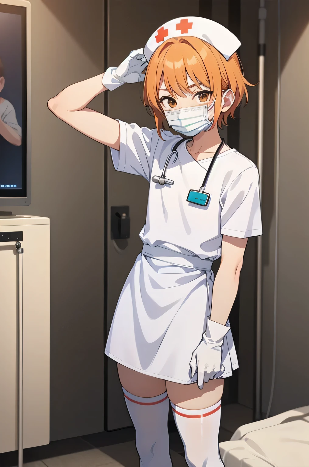 1 boy, alone, male focus, nurse, nurse cap, white clothes, ((white legwear, zettai ryouiki)), white gloves, short hair, orange hair, ((white surgical mask, covered nose)), Are standing, ((hospital room)), sharp outline, short sleeve, Shota, 12 years old, highest quality, masterpiece