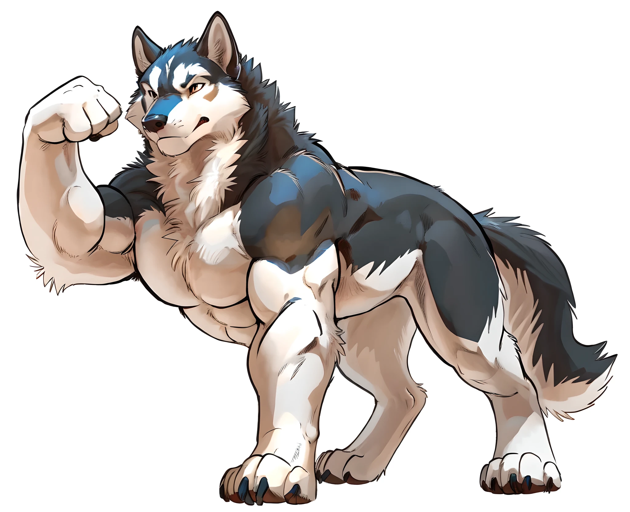 husky, masculine, male, feral husky, quadruped, feral, very muscular:1.5, well defined muscles:1.2, pectorals:1.5, abs, muscular forelegs, muscular hindlegs, wide chest, muscular chest, by negger, by seibear, stern face, white background, proud, handsome, flexing muscles