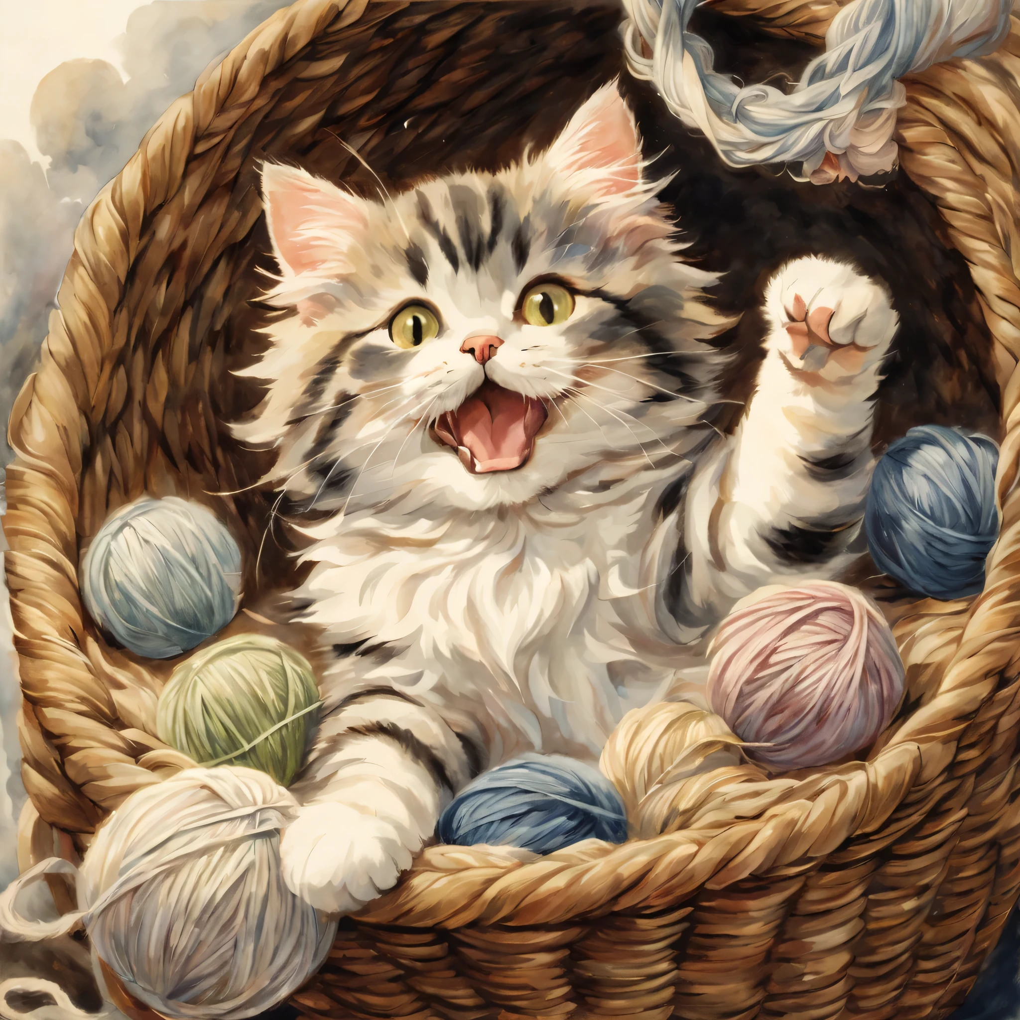 ((Playing cat)),ball of yarn,woven basket,open your mouth,indoor,masterpiece,highest quality,fluffy cat,a bit,cute,Futebuteshi,fun,happiness,,stylish scenery,anatomically correct,all the best,最高にcute猫,cute猫，,fantasy,randolph caldecott style,enlightenment,watercolor painting,Gentle colors