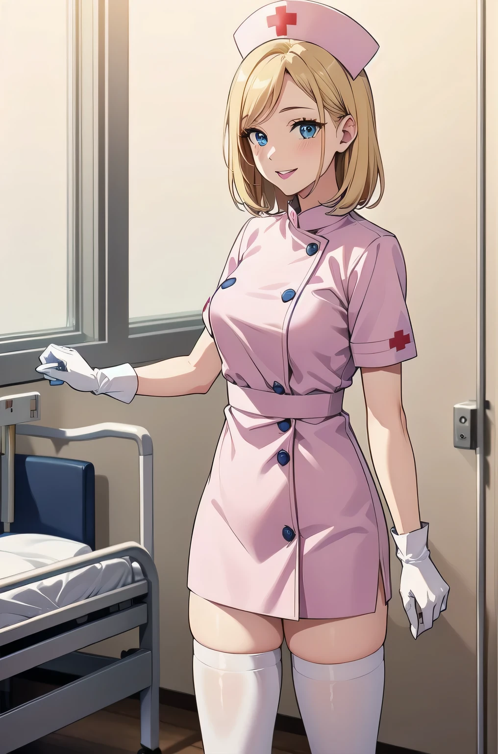 1 female, alone, nurse, nurse cap, white clothes, ((white legwear, zettai ryouiki)), white gloves, blonde hair, blue eyes, pink lips, smile, Are standing, ((hospital room)), sharp outline, short sleeve, mature woman, 35 years old, highest quality, masterpiece