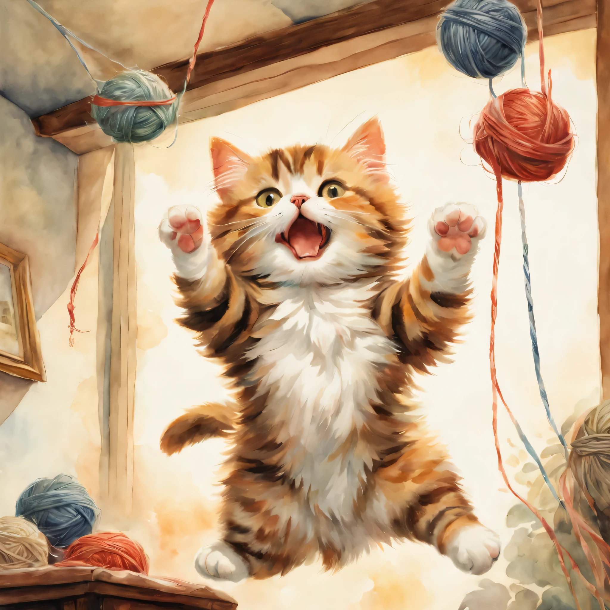 ((Playing cat)),hanging line,raise your hand,jump,open your mouth,indoor,masterpiece,highest quality,fluffy cat,a bit,cute,Futebuteshi,fun,happiness,,stylish scenery,anatomically correct,all the best,最高にcute猫,cute猫，,fantasy,randolph caldecott style,enlightenment,watercolor painting,Gentle colors