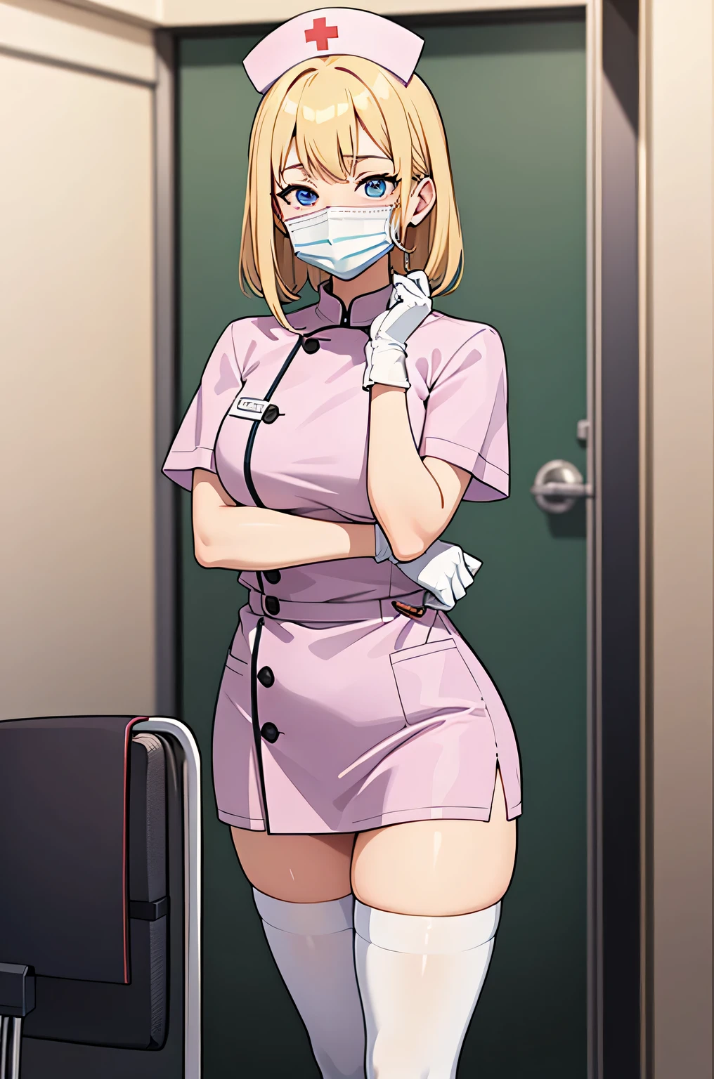 1 female, alone, nurse, nurse cap, white clothes, ((white legwear, zettai ryouiki)), white gloves, blonde hair, blue eyes, ((white surgical mask, covered nose)), Are standing, ((hospital room)), sharp outline, short sleeve, mature woman, 35 years old, highest quality, masterpiece