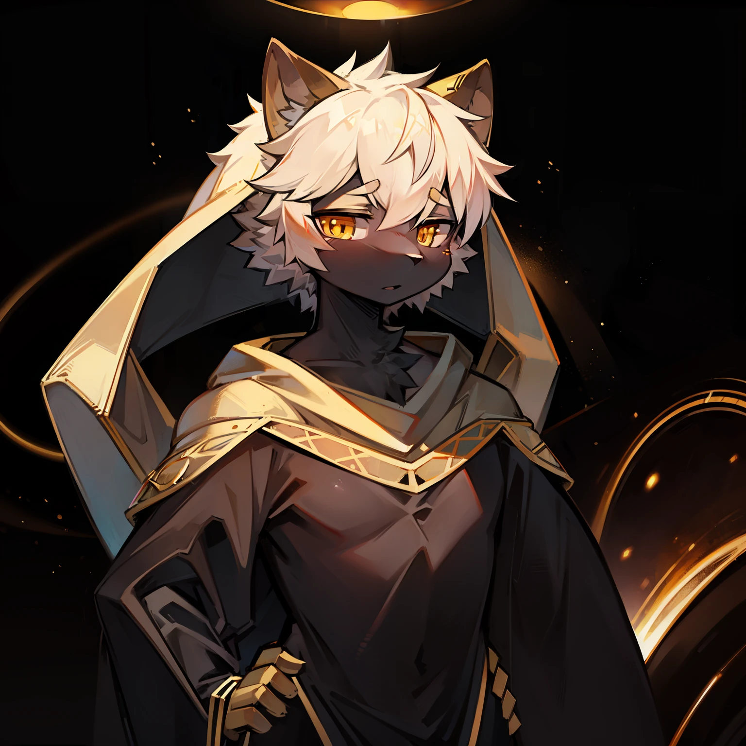 Furry, the sun god, wears black clothing, a golden shawl, and golden eyes in a black hole.