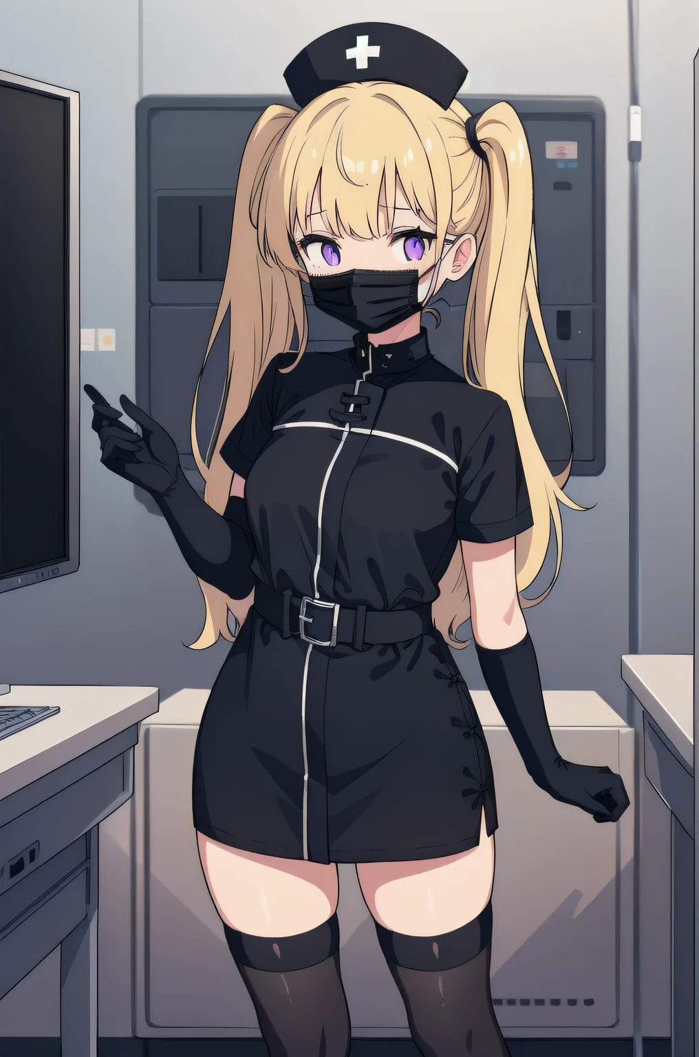 black nurse, 1 girl, alone, black nurse cap, Blackware, ((black legwear, zettai ryouiki)), black elbow gloves, twin tails, yellow hair, purple eyes, ((black surgical mask, covered nose)), Are standing, ((operating room)), sharp outline, short sleeve, highest quality, masterpiece