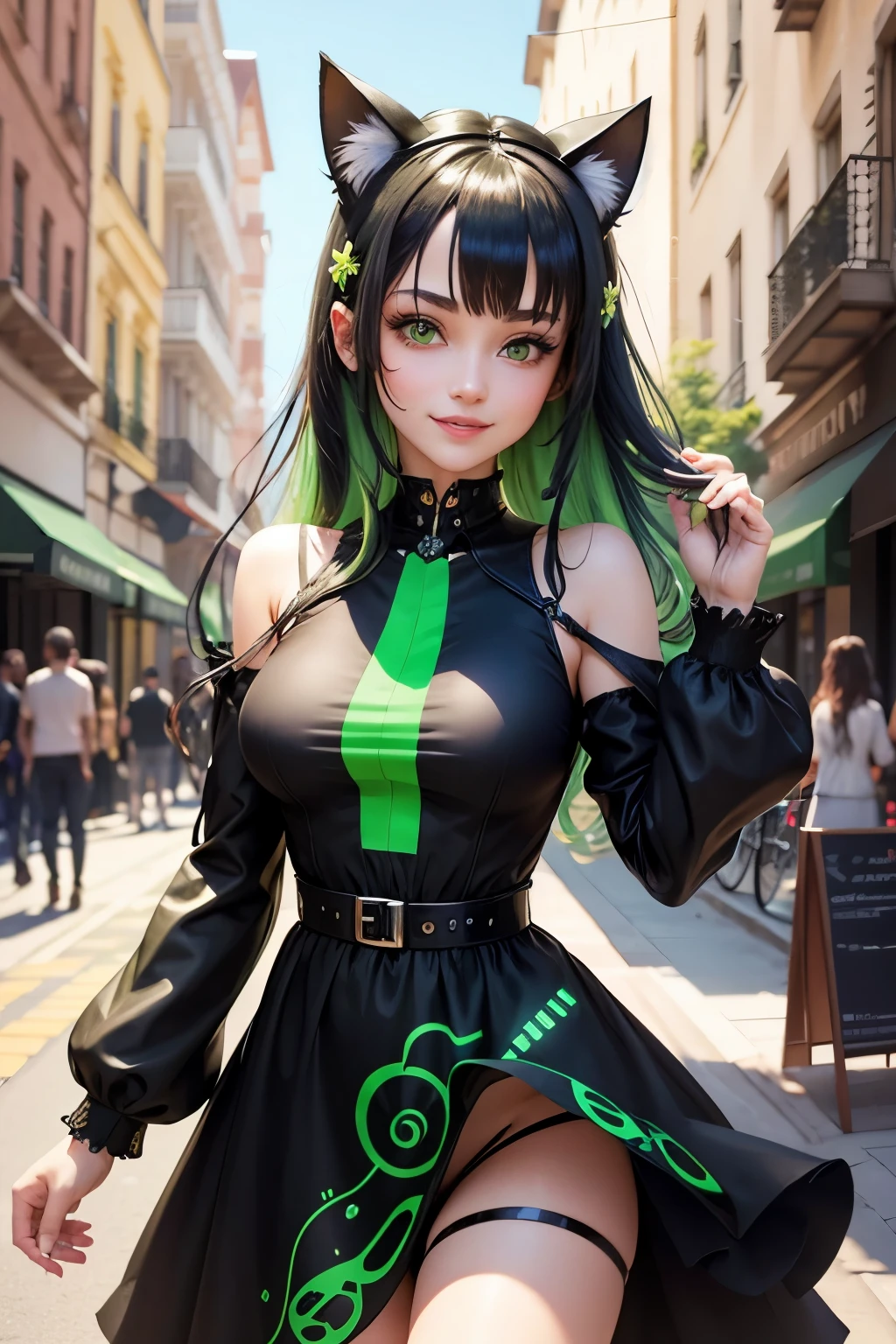 Beautiful woman with green eyes and black and green hair smiling, fully clothed in a spring dress, cybernetic cat ears, cyber, blooming spring flowers in the background, flying petals
