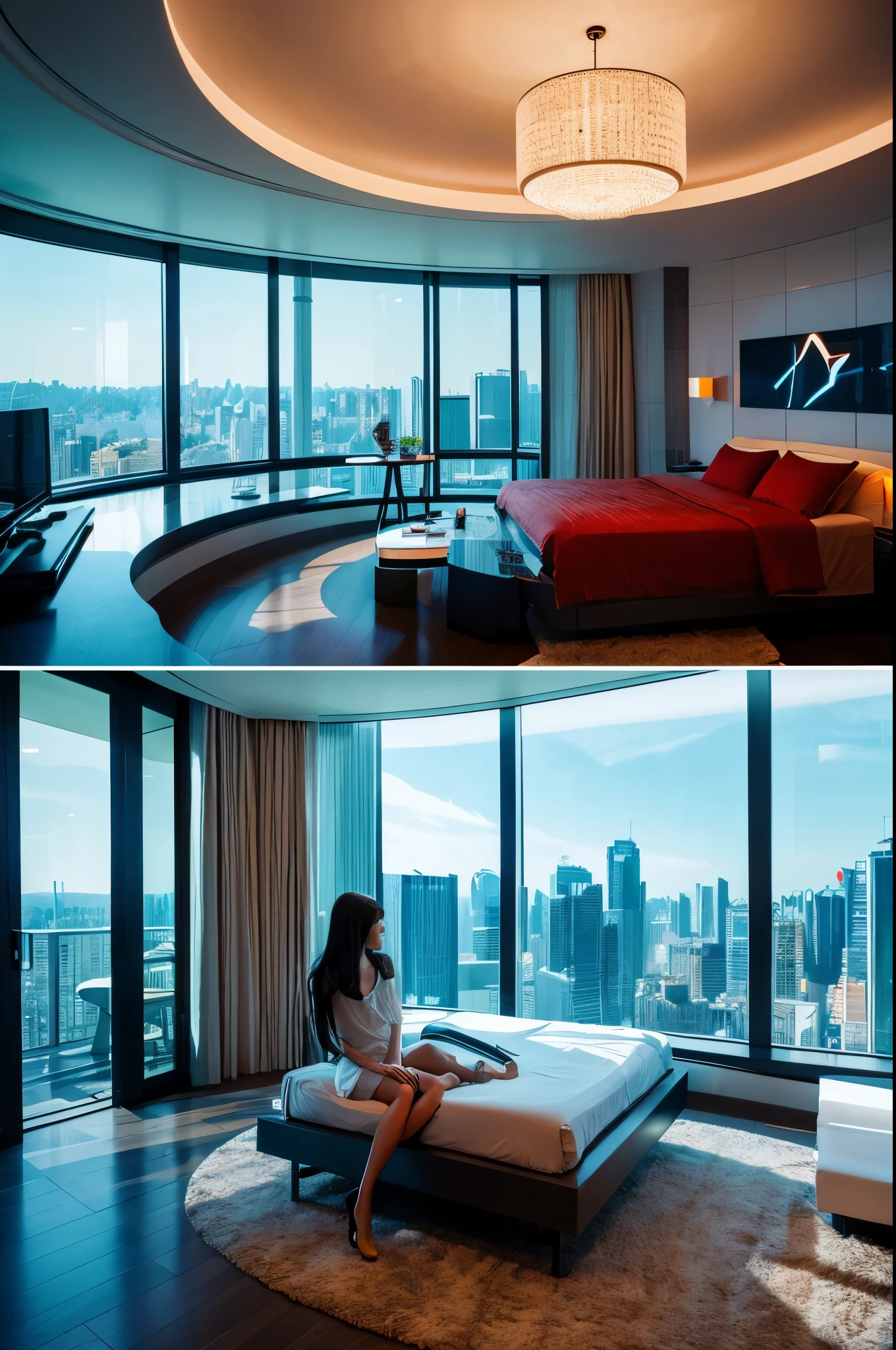 A beautiful girl sleeping in a futuristic room made of lightweight super metal alloy with high-resolution holographic graphics on the walls. The room is surrounded by bulletproof crystal tube glass that provides stunning views of the outside. The room is equipped with AC, bathroom, kitchen, TV room, mini bar, dining area, and a bed. The interior design of the room is minimalist and futuristic with modern and high-quality furniture. The lighting in the room uses adjustable LED lights to match the mood. On one of the walls, there is a red neon sign that says 'GFE'. The image should be super realistic, highly detailed, sharp, and a masterpiece.