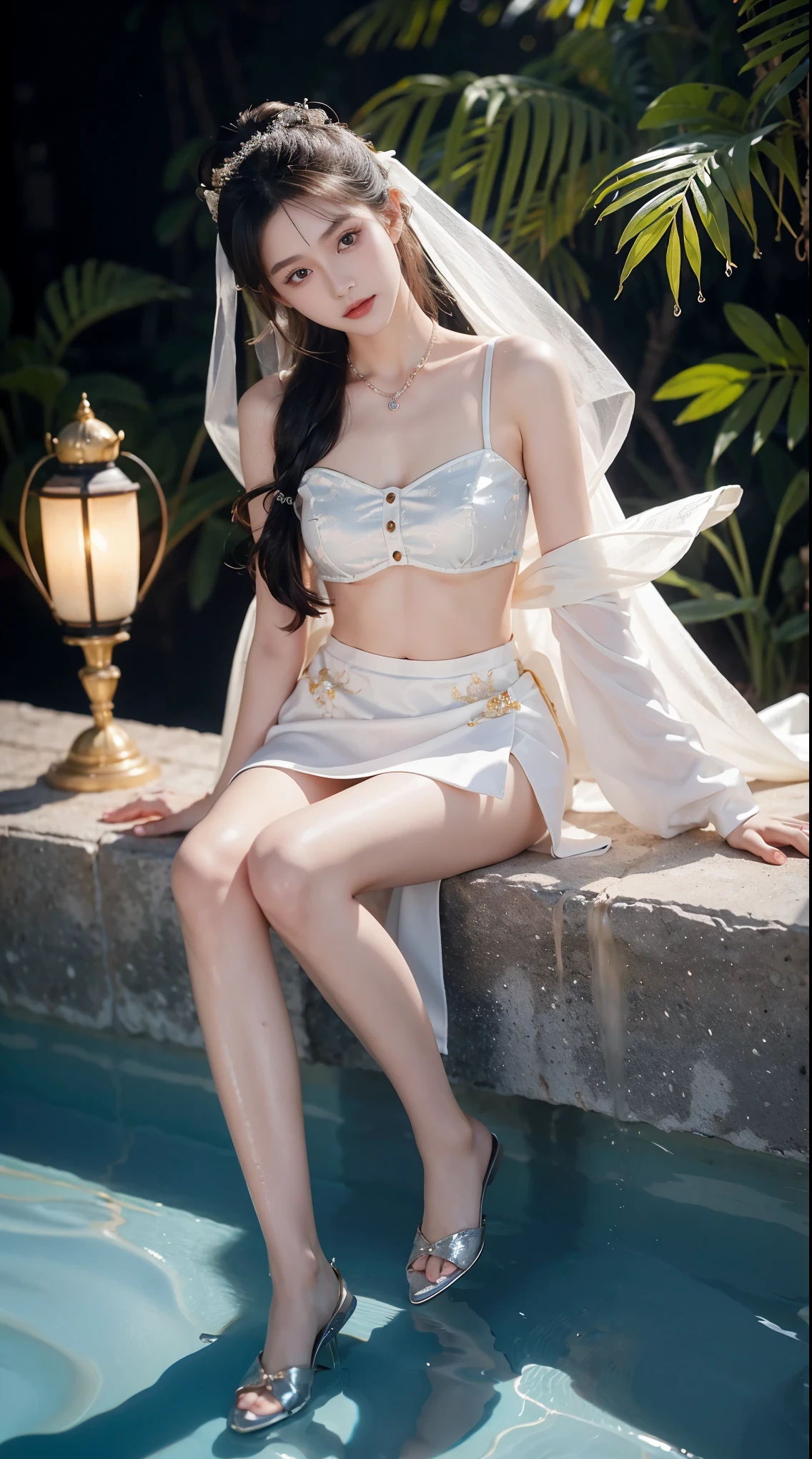best picture quality,extremely high resolution,Very detailed,stunning girl,sitting in the pool,long eyelashes,big eyes,shining eyes,lying silkworm,plump lips,small nose,a happy expression,Sweet,Exquisite makeup,full-body shot,snow white skin,slim figure,take off shoulders,clavicle,abdomenband,abdomen,abdomen button,Slender white legs,White and tender skin,White embroidered mini skirt,necklace,Showing thighs,lace,Sweet,long hair flying,best quality,masterpiece,full-body shot,facial focus,slim figure,细腰白色abdomenband,imagine,full-body shot
Model: Hanfu, CFG scale: 7, Hire high-end talents: 1.5, Laura: future fashion(0.4)、neon(0.4)、martial arts(0.8)、Asian Face Girls-2(0.4)、poetic fairy tale(0.01)