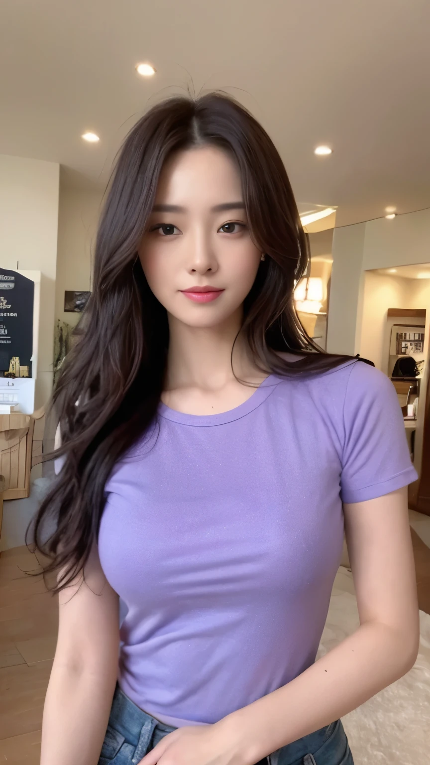 ((top-quality、8k、​masterpiece:1.3))、Beautiful woman with perfect body:1.4、slim abdomen:1.2、Longhair, normal breast, Highly detailed facial and skin texture, A detailed eye, delicate eyes, double eyelid, (smile), (full body shot), ((shopping mall)), (standing), ((wearing purple casual t-shirt)), looking in front