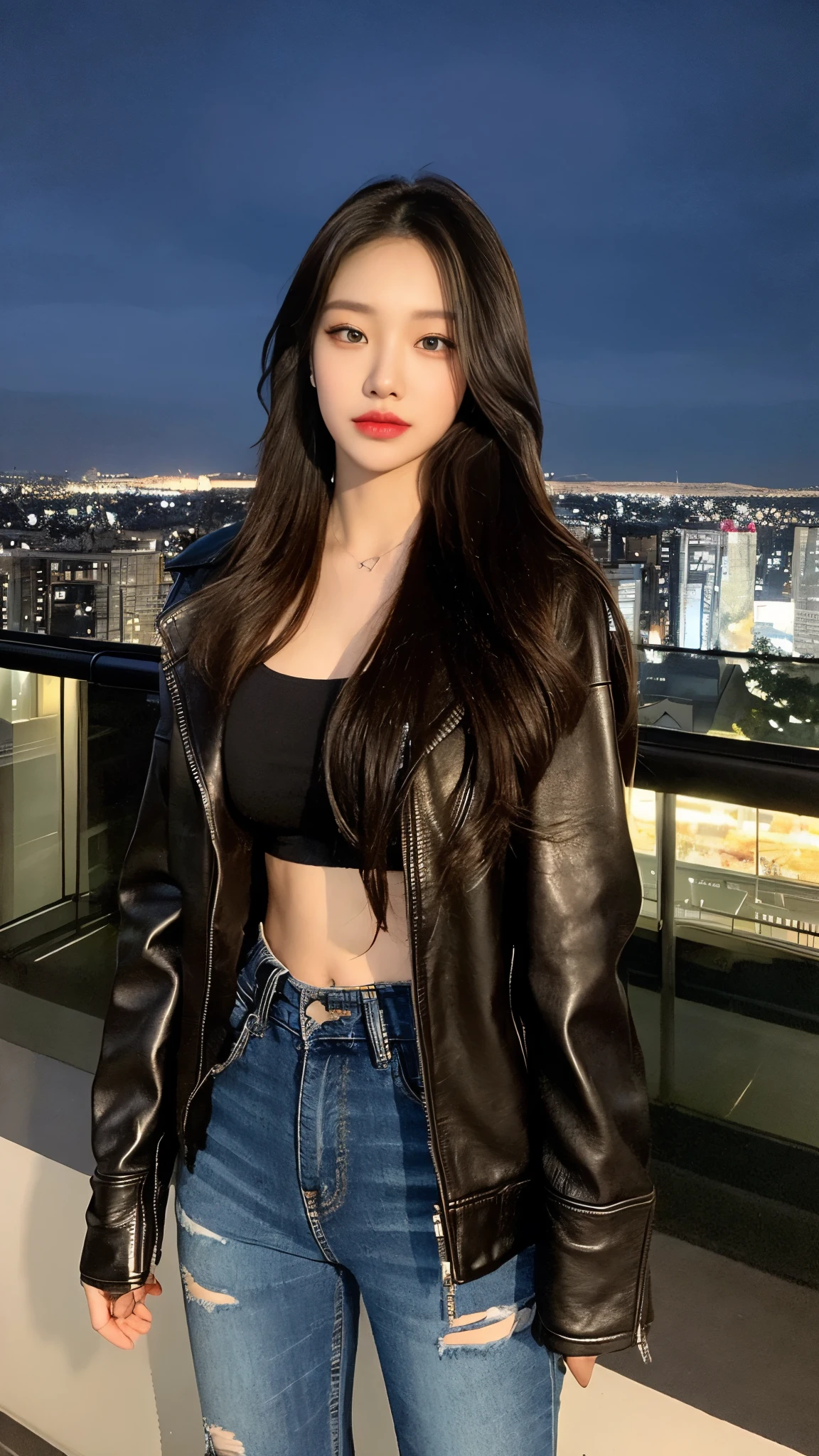 ((midnight, best quality, 8 thousand, masterpiece :1.3)), whole body, long legs, sharp focus :1.2, pretty girl with perfect body :1.4, slim abs :1.1, ((dark brown hair,)), (leather jacket, ripped jeans, color, black bracelet :1.2), ((night city view, balcony :1.3)), Highly detailed face and skin textures, detailed eyes, double eyelid,