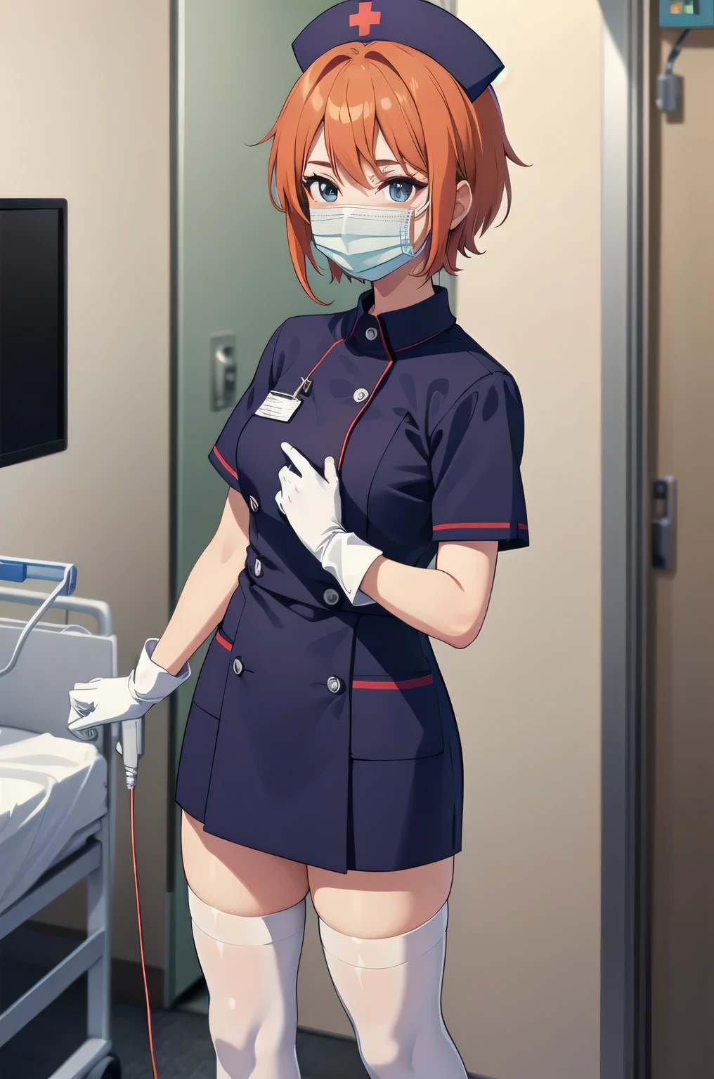 1 girl, alone, nurse, nurse cap, white clothes, ((white legwear, zettai ryouiki)), white gloves, very short hair, orange hair, ((white surgical mask, covered nose)), Are standing, ((hospital room)), sharp outline, short sleeve, Tomboy, boyish, highest quality, masterpiece