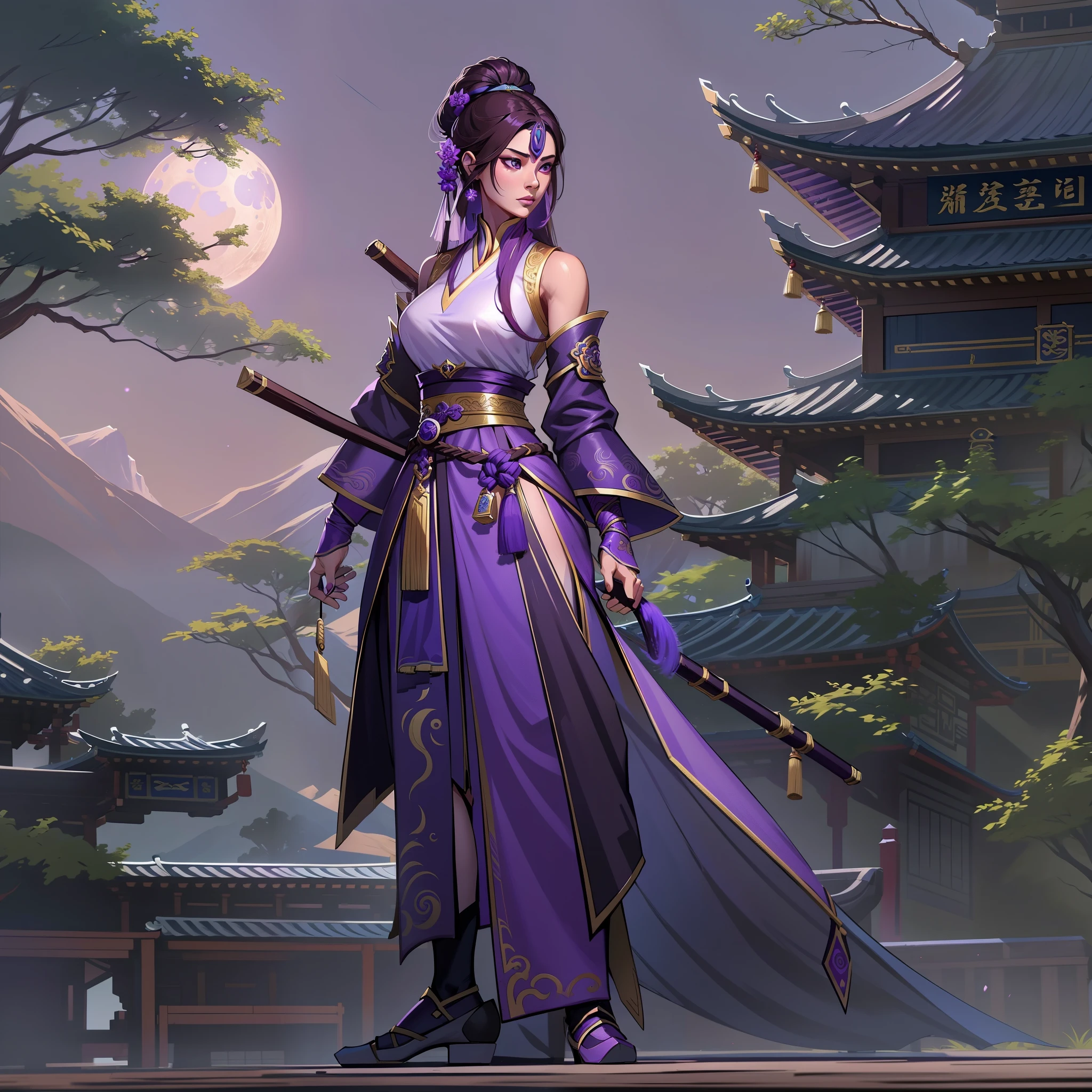 Close-up of a tall woman in her 30s, red eyes and black hair, Dressed in a red and black dress, queen of china, female swordsman, chinese princess, Standing in a Chinese temple, New clothing concept design, blade and soul style, full body character concept, Detailed character design, Inspired by Yang Jin, inspired by trees, Moon themed clothing, Gold set, Inspired by Zhu Lian, Color concept art, Highly detailed character design, Highly detailed face, Inspired by Ai Xuan, Very detailed face, Unreal Engine rendering, final fantasy 14 style