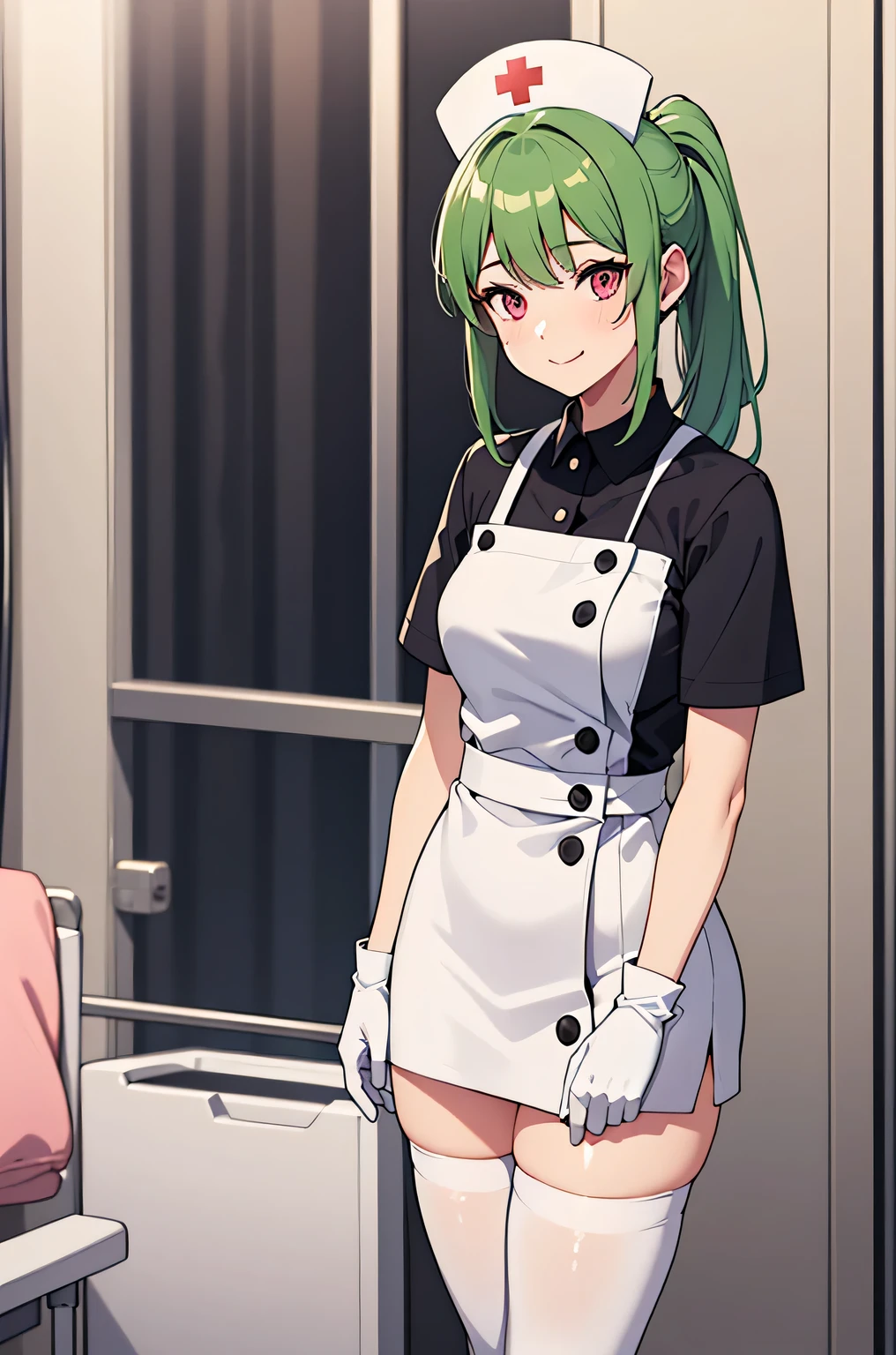1 girl, alone, nurse, nurse cap, white clothes, ((white legwear, zettai ryouiki)), white gloves, ponytail, green hair, pink eyes, smile, Are standing, ((hospital room)), sharp outline, short sleeve, highest quality, masterpiece