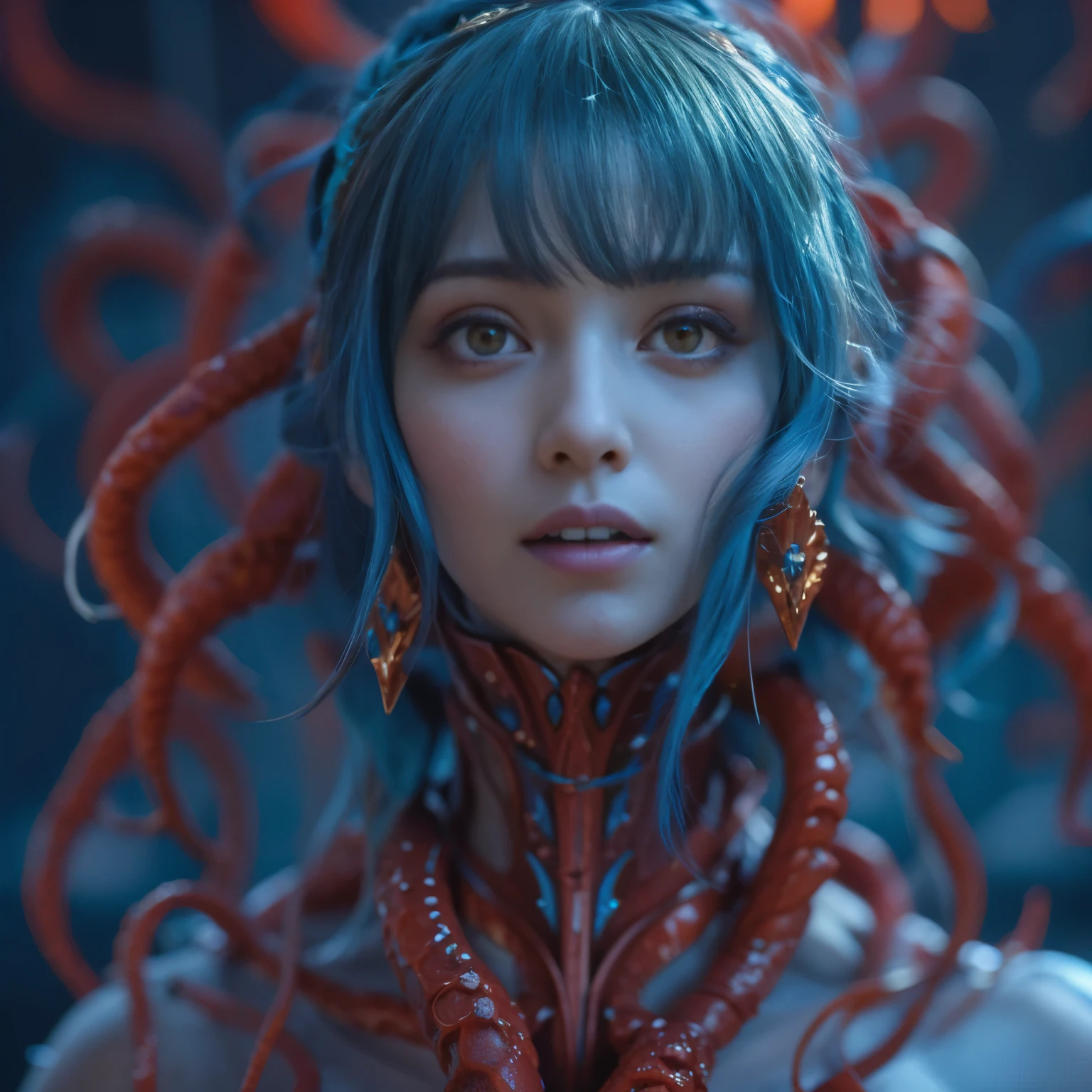 Female Alien, Beautiful face, seduces, red eyes, Full body like, A sexy, alien, No humans, an alien, cells are fused, Multiple hands, (Lots of blue tentacles) (blue skin:1.5), extraterrestrial, cell, bio image, charming, Best Quality, 8K,,4K_quality, high_Definition,Dramatic Lighting, masutepiece:1.5,cinematic quality, detail up, Intricate details:1.2, 超A high resolution, High Definition, drawing faithfully, (Thick eyebrows:1.2), (Big scarlet eyes:1.6), Beautiful eyes with fine symmetry, (Ultra detailed eyes:1.2),(Highly detailed face and eyes:1.2), (High-resolution red-eye:1.4), Intimate face, (Super detailed skin quality feeling:1.4), Perfect Anatomy,  (Beautiful toned body:1.5),  (Moist skin:1.2), No makeup, (dark circles:1.1), long canines, NSFW