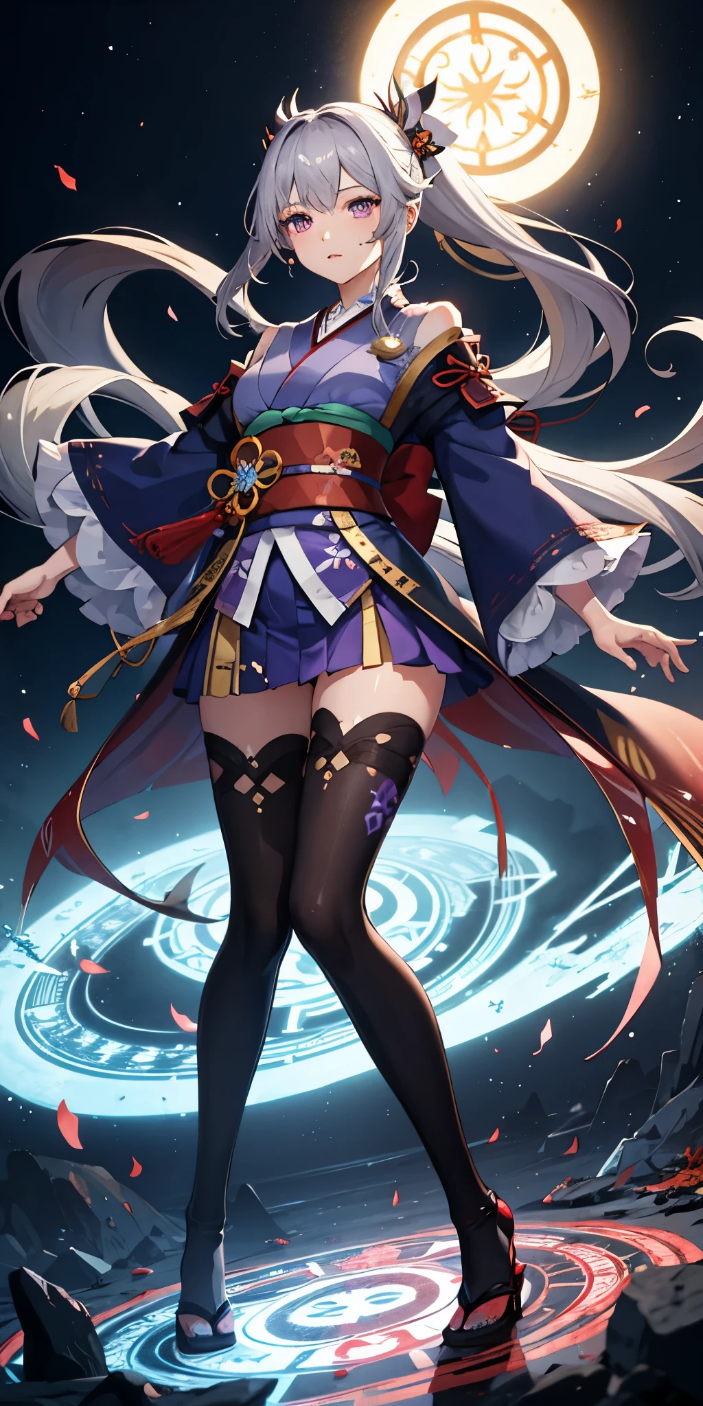 1 girl, kimono, ponytail ,gray hair, purple eyes, magic circle, blue fire, blue flame, wallpaper, landscape, Blood, Blood splatter, Depth of the bounds written, night, particles of light, light, side light, thighs, destiny \(series\), genshin impact, ****, open jacket, skirt, Thighhighs, cloud
