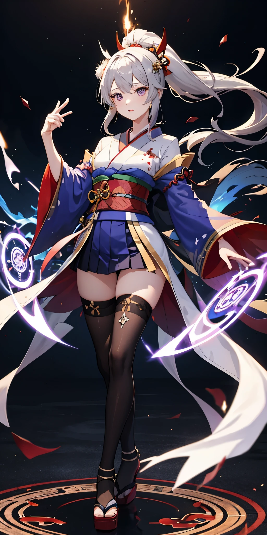 1 girl, kimono, ponytail ,gray hair, purple eyes, magic circle, blue fire, blue flame, wallpaper, landscape, Blood, Blood splatter, Depth of the bounds written, night, particles of light, light, side light, thighs, destiny \(series\), genshin impact, ****, open jacket, skirt, Thighhighs, cloud