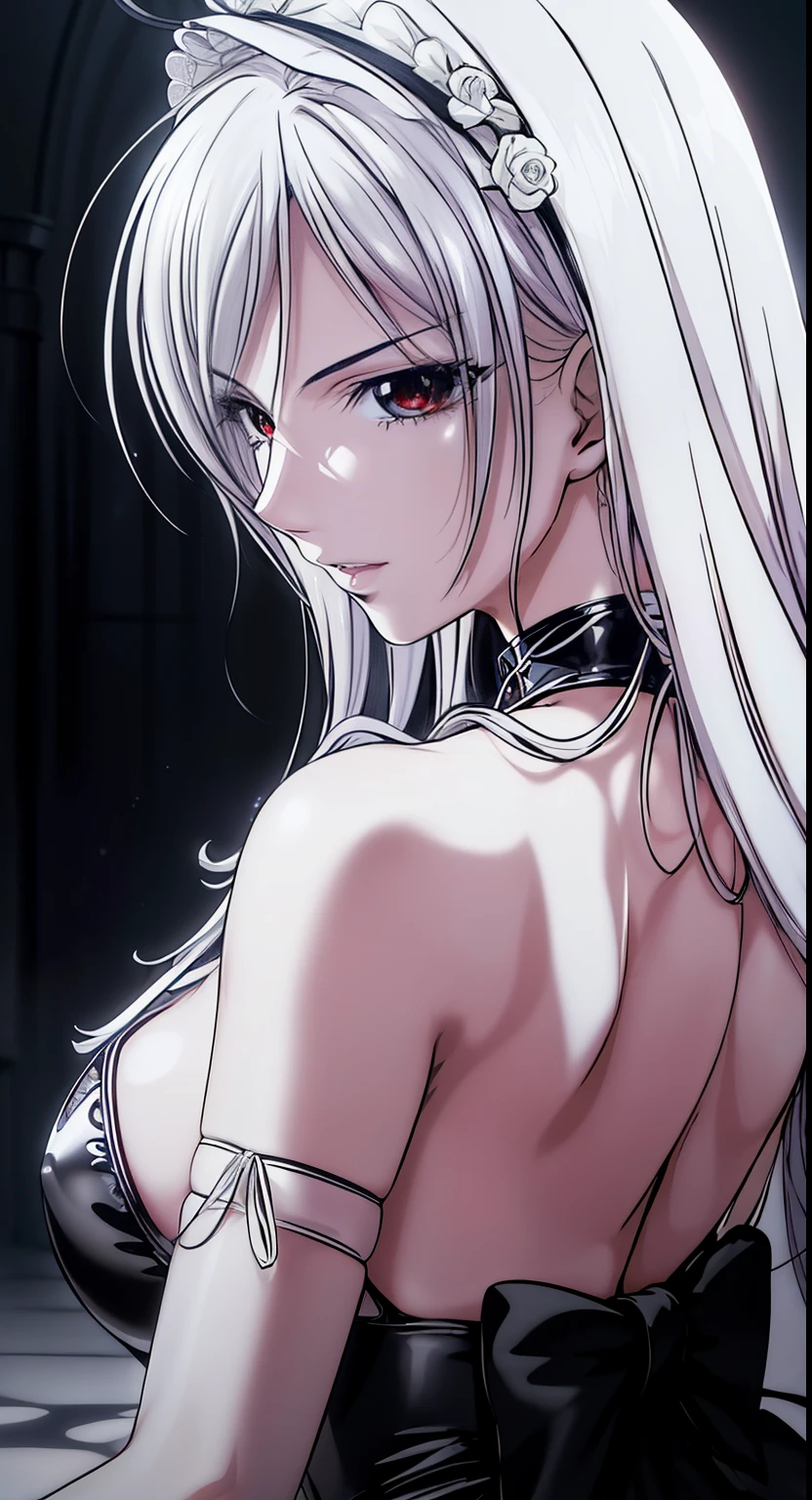 red eyes, (highest quality, masterpiece絵画:1.3), mature woman, 26 years old, (upper body shot), masterpiece, ultra high resolution, (Photoreal:1.0), bright silver hair、straight hair, beautiful shining hair, white and shining skin, ((Ultra realistic details)), octane rendering, highly detailed face, (big breasts:0.6),(Sexy Gothic ta Fashion,Black and white contrast,delicate decoration:1.2), open neckline, cleavage, perfect body, soft skin, anime face, perfect face, perfect eyes, looking at the viewer, smart, Beautifully illuminated church, night, outdoors,sharp focus, intricate details, professional artwork, (bright colors:1.1), bright colors, diffused lighting, digital blending, ultra-definition body, ultra detail hair, super detailed face, that'that'It's trending on pixiv, top button open, Cute gaze, compensate, perfect lips, perfect compensate, Ultra-precision coating,Glaring a little,back view,look back