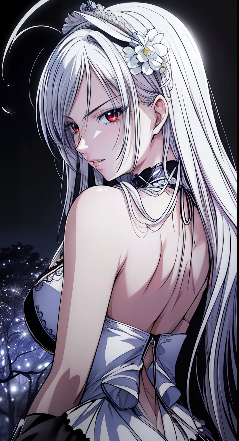 red eyes, (highest quality, masterpiece絵画:1.3), mature woman, 26 years old, (upper body shot), masterpiece, ultra high resolution, (Photoreal:1.0), bright silver hair、straight hair, beautiful shining hair, white and shining skin, ((Ultra realistic details)), octane rendering, highly detailed face,  (big breasts:0.6),(Sexy Gothic Lolita Fashion,Black and white contrast,delicate decoration:1.2), open neckline, cleavage, perfect body, soft skin, anime face, perfect face, perfect eyes, looking at the viewer, smart, Beautifully illuminated church, night, outdoors,sharp focus, intricate details, professional artwork, (bright colors:1.1), bright colors, diffused lighting, digital blending, ultra-definition body, ultra detail hair, super detailed face, that&#39;that&#39;It&#39;s trending on pixiv, top button open, Cute gaze, compensate, perfect lips, perfect compensate, Ultra-precision coating,Glaring a little,back view,look back