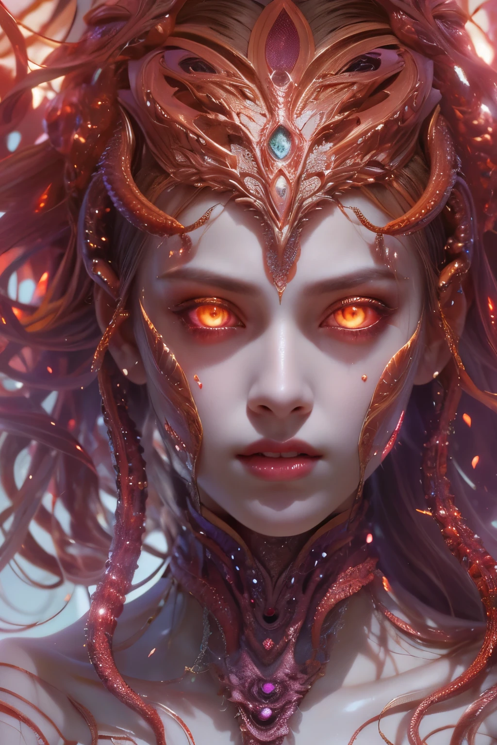 (1 female medusa-like mutant: 1.2), With a beautiful, enchanting face, this alien seduces us with her allure. Her captivating red eyes gleam brightly, reminiscent of burning embers. Her full body is unlike any human's, boasting a sexy, otherworldly form. No humans are present in this scene as she stands alone, her cells fused in a unique and intriguing extraterrestrial way.  (NSFW:1.0), moist skin,
(extraordinary beautiful nude photo:1.4), (glowing Indian Ruby eyes:1.5), (sexy and glamorous:1.1), (coquettish expression:1.2), toned lean body, (muscular body:1.2), (beautiful abs:1.5), beautiful nipples,  She has lots of iridescent translucent tentacles instead of her hair, pale skin, (white skin with prominent veins:1.3), moist skin,
Lots of iridescent translucent tentacles adorn her body, shimmering under the dramatic lighting. Her pale skin, with a hint of translucency, adds to her ethereal allure. This masterpiece, rendered in