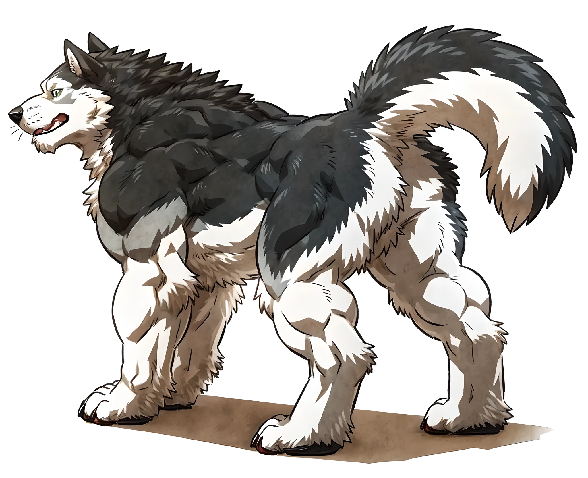 husky, very masculine, male, feral husky, quadruped, feral, very muscular:1.5, well defined muscles:1.2, very muscular forelegs, very muscular hindlegs, by rossciaco, by wfa, white background, cel shading, back view
