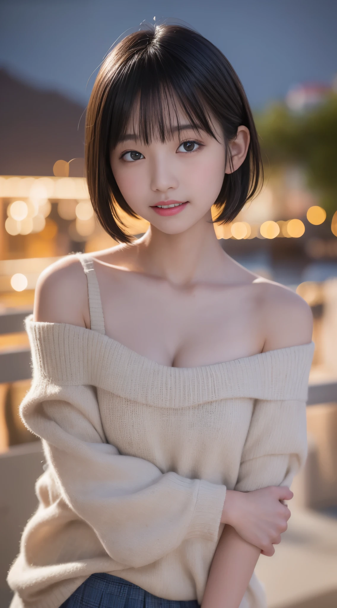 table top, highest quality, 8k, 8--old,th geface,RAW photo, absurd, award winning portrait, smile, blush,alone, (night:1.8), idol face, delicate girl,delicate body, Upper body, Digital single-lens reflex camera, looking at the viewer, Frank, Sophisticated,thin arms, thin body,tap on the shoulder,professional lighting, film grain, chromatic aberration, (Eye and face details:1.0),  black haired , shortcut,bangs,drooling eyes , moderately large breasts,knitted clothes,overexposure,Shoulders are sticking out,tight clothes,(off shoulder),cleavage,((shoulders look nice)),((I can see the cleavage:1.2)),Clothes come off,take off clothes,Fabric area is reduced,highly exposed,micro skirt,thighs,(Upper body,upper body:1.2),