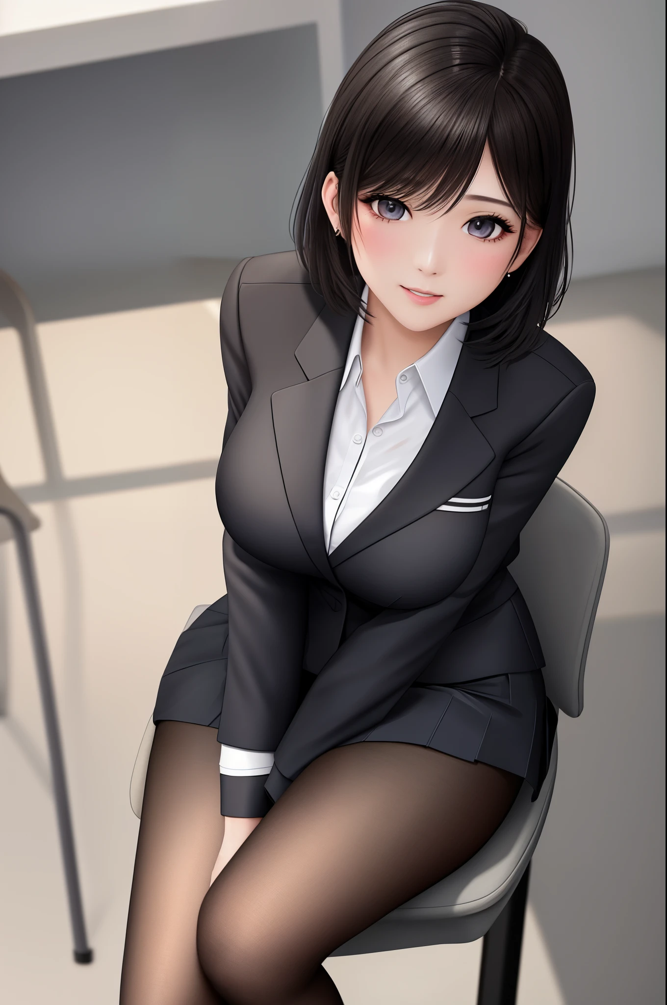 (Top quality, 8K, 32K, Masterpiece, hyper HD: 1.2), 1 girl, beautiful japanese woman, Thin waist, Shiny skin, Gray suit, Open jacket, Office Lady, suit, Mini skirt, Office, desk, (Spread legs: 1.2), Fine face, Short hair,
