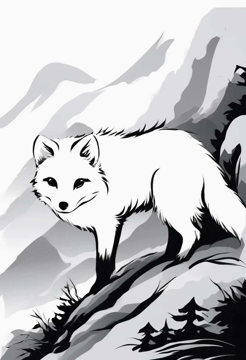 arctic fox，black and white painting，Outline with black ink，smooth lines，通过墨迹的浓淡对比展现arctic fox的表情和姿态，Simple background，Emphasis on light, shadow and space，lots of white space，Use thick and light inks to create light and dark changes and layers，Choose the right ink color，Such as deep black、thick gray、light coffee, ETC，express different situations and atmospheres，Control the gradient and transition of ink colors through the humidity and consistency of the ink，black and white tones， 中国传统ink painting, Chinese traditional art, ink painting, 中国ink painting, Chinese painting style