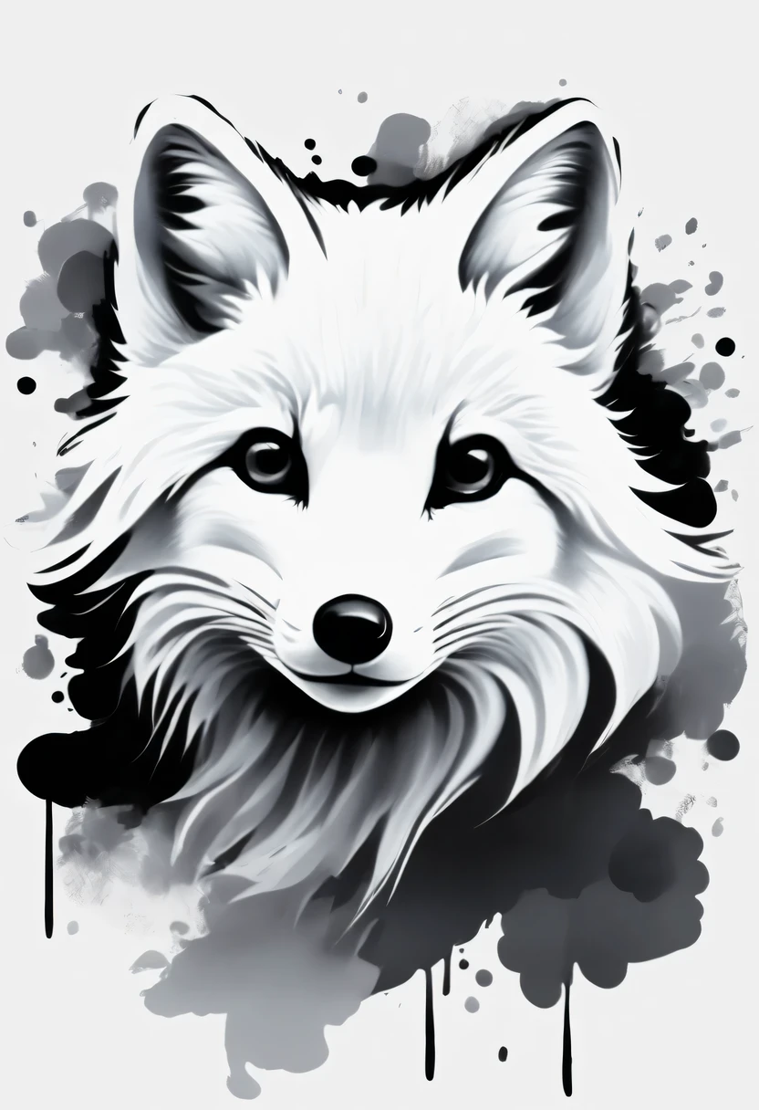 arctic fox，black and white painting，Outline with black ink，smooth lines，通过墨迹的浓淡对比展现arctic fox的表情和姿态，Simple background，Emphasis on light, shadow and space，lots of white space，Use thick and light inks to create light and dark changes and layers，Choose the right ink color，Such as deep black、thick gray、light coffee, ETC，express different situations and atmospheres，Control the gradient and transition of ink colors through the humidity and consistency of the ink，black and white tones， 中国传统ink painting, Chinese traditional art, ink painting, 中国ink painting, Chinese painting style