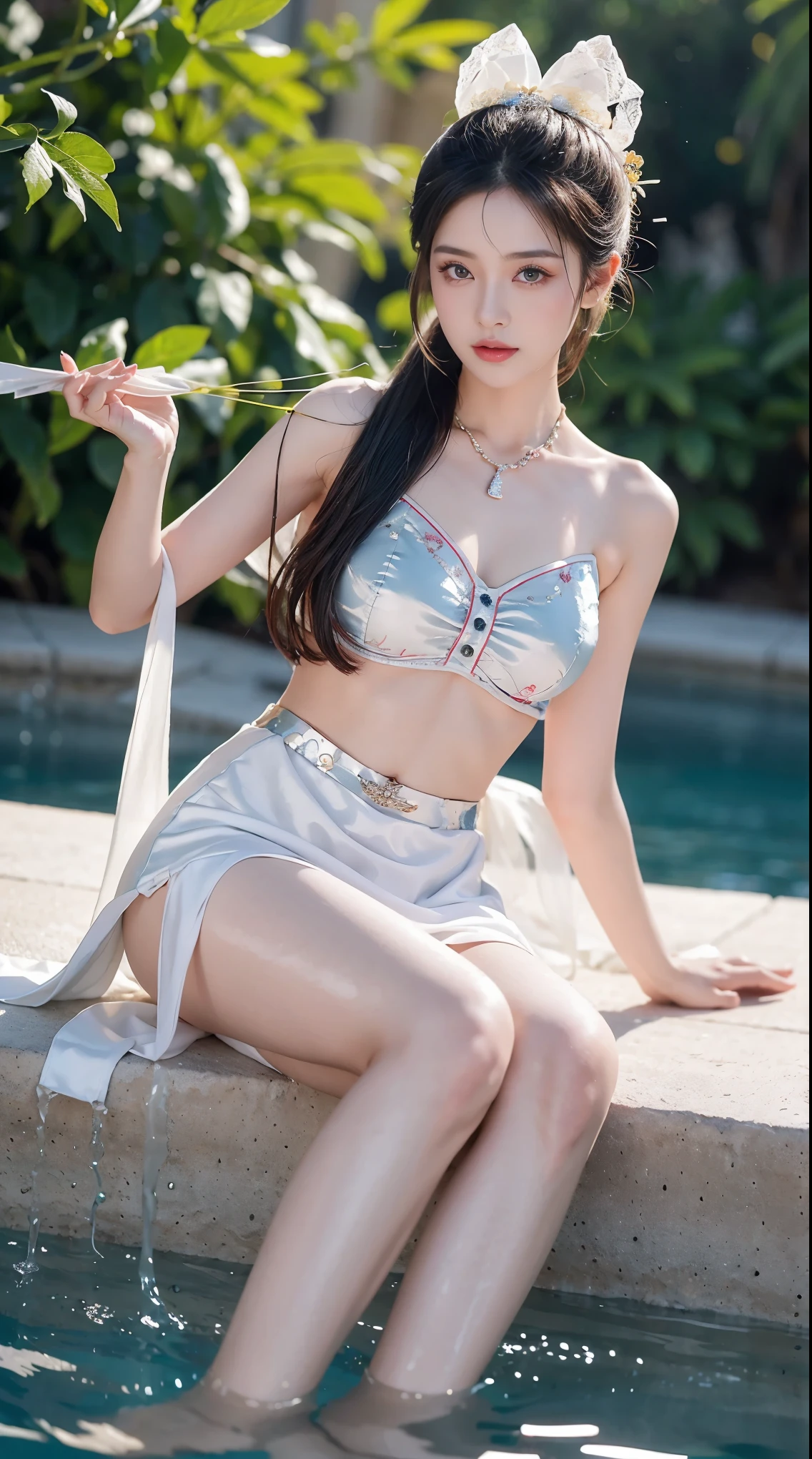 best picture quality，extremely high resolution，Very detailed，stunning girl，sitting in the pool，long eyelashes，big eyes，shining eyes，lying silkworm，plump lips，small nose，a happy expression，Sweet，Exquisite makeup，full-body shot，snow white skin，slim figure，take off shoulders，clavicle，abdomenband，abdomen，abdomen button，Slender white legs，White and tender skin，White embroidered mini skirt，necklace，Showing thighs，lace，Sweet，long hair flying，best quality，masterpiece，full-body shot，facial focus，slim figure，细腰白色abdomenband，imagine，full-body shot
Model: Hanfu, CFG scale: 7, Hire high-end talents: 1.5, Laura: future fashion(0.4)、neon(0.4)、martial arts(0.8)、Asian Face Girls-2(0.4)、poetic fairy tale(0.01)