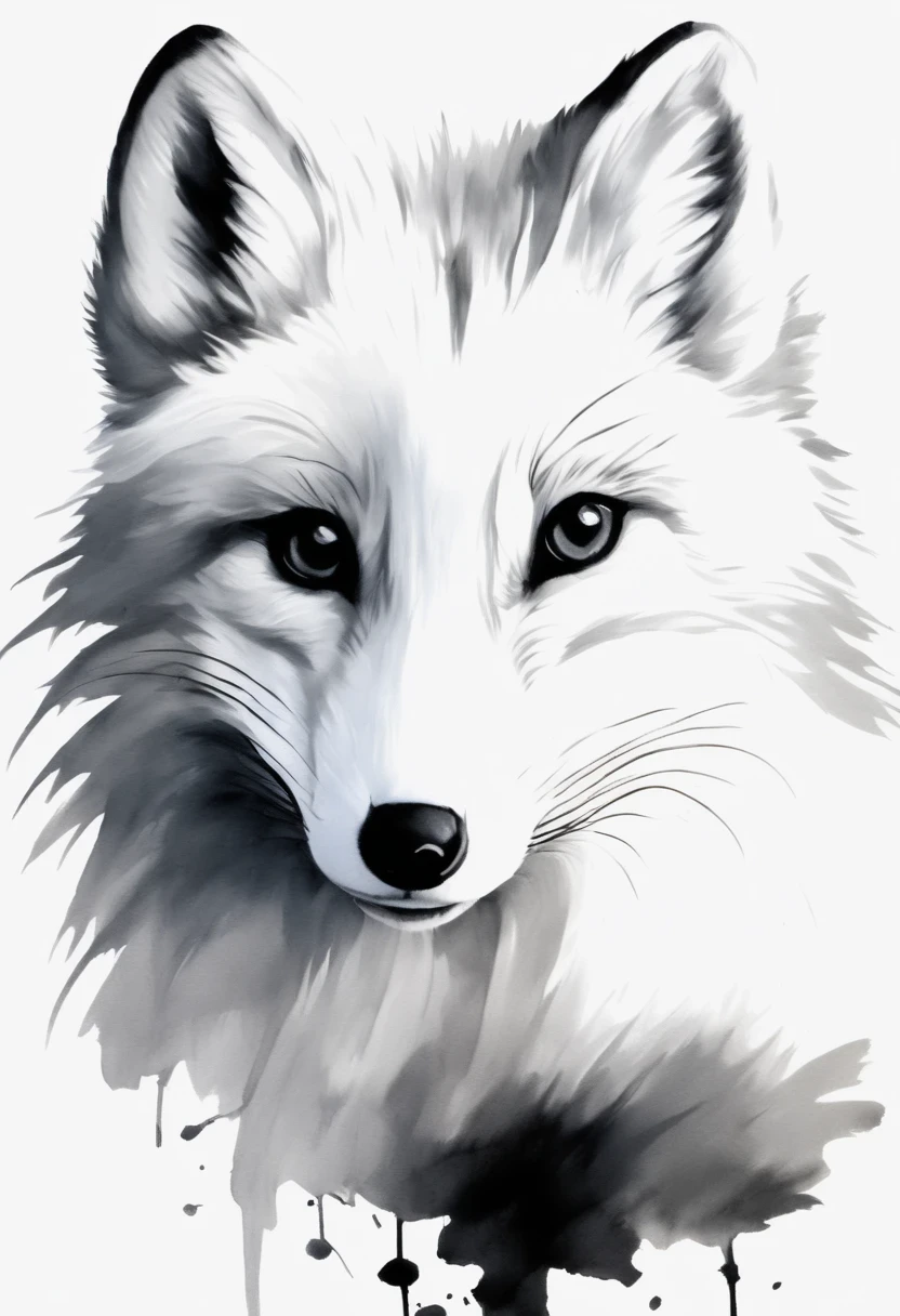 arctic fox，black and white painting，Outline with black ink，smooth lines，通过墨迹的浓淡对比展现arctic fox的表情和姿态，Simple background，Emphasis on light, shadow and space，lots of white space，Use thick and light inks to create light and dark changes and layers，Choose the right ink color，Such as deep black、thick gray、light coffee, ETC，express different situations and atmospheres，Control the gradient and transition of ink colors through the humidity and consistency of the ink，black and white tones， 中国传统ink painting, Chinese traditional art, ink painting, 中国ink painting, Chinese painting style