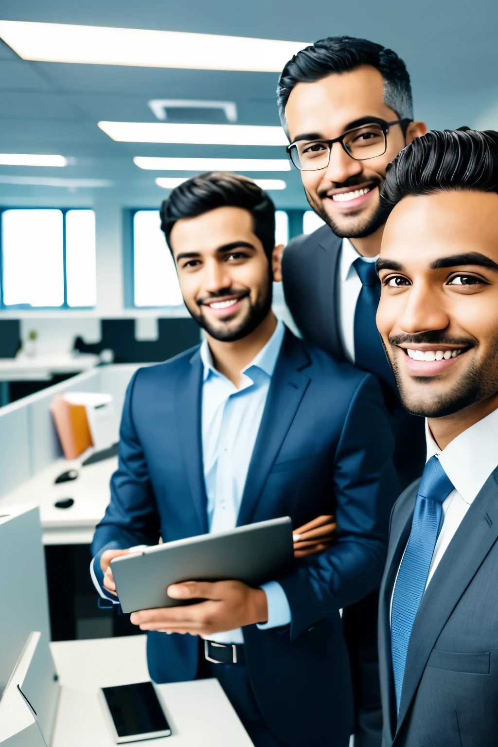 RAW photo in sequence, an image of men in an office, ((selfie profissional, contain natural smiles and confidence)), fundo neutro,clearly visible face details, planos de fundo pouco desfocados, natural lighting, HDR, fotografia realista, alta qualidade, Marvelosas cores e contrastes, Fujifilm X-T3.

This RAW sequence photo showcases a group of men in an office setting. Each man exudes professional confidence with genuine smiles that evoke warmth and approachability. A subtle but detailed background emphasizes the